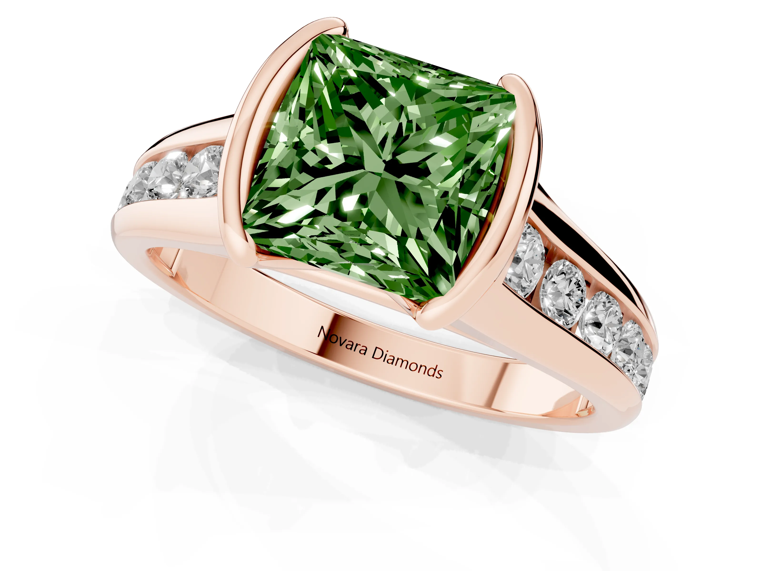 Fancy Green Princess Cut Diamond Bezel-Set Solitaire Ring Set in Rose gold with Channel-Set Band