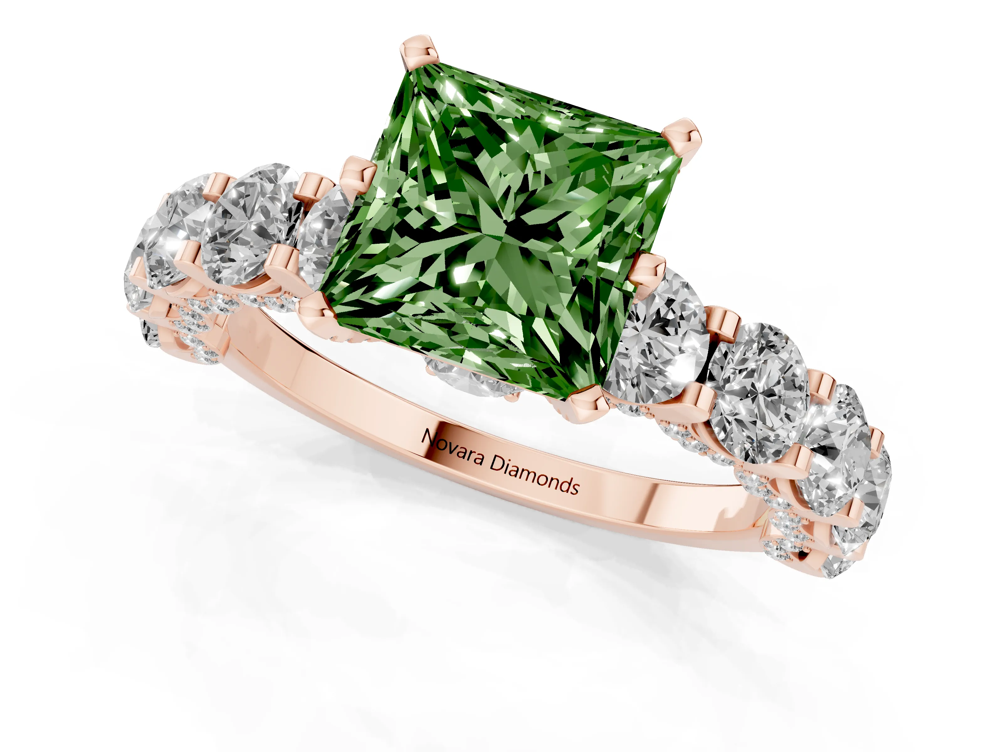Fancy Green Princess Cut Diamond Side Stone Ring Set in Rose gold with Alternating Round and Oval Side Stones
