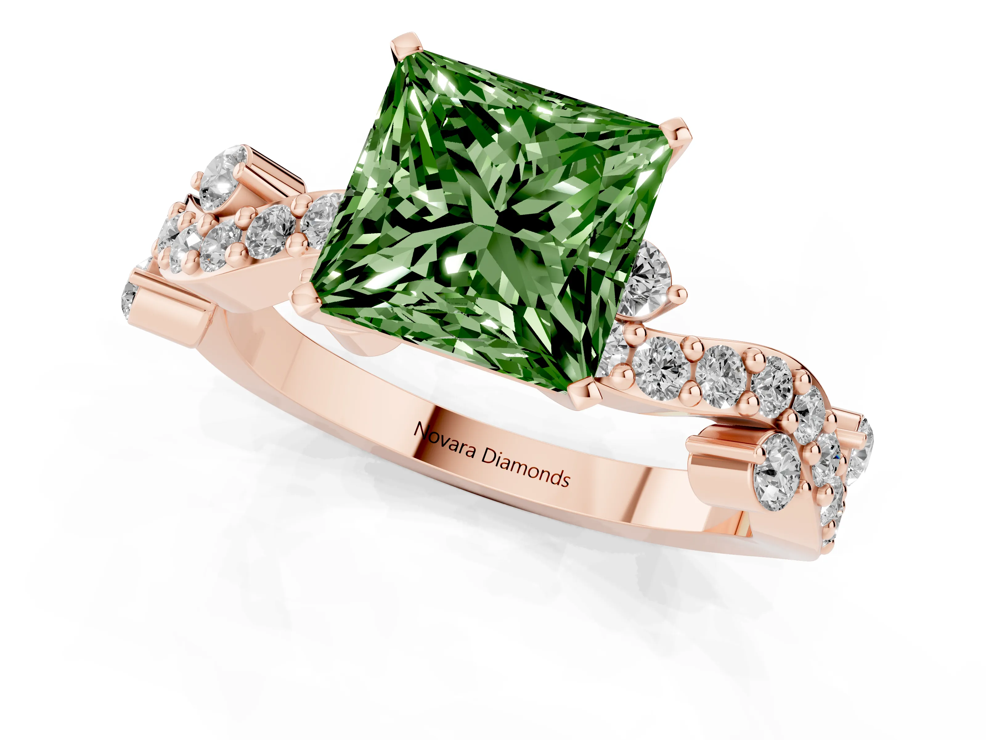 Fancy Green Princess Cut Diamond Solitaire Twisted Band Set in Rose gold with Pavé Setting