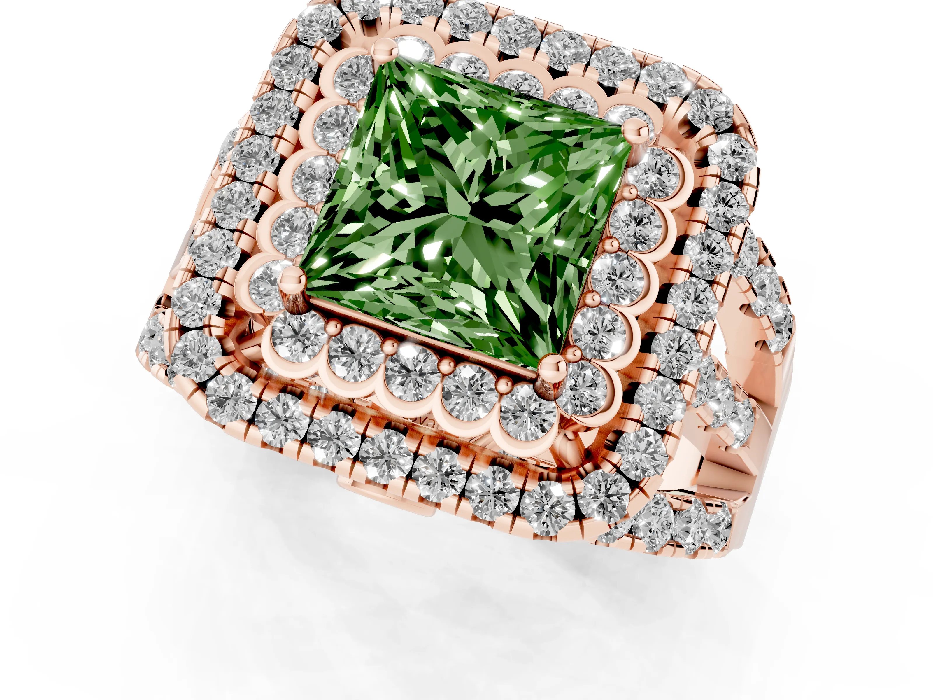 Fancy Green Princess Cut Diamond Double Halo Ring Set in Rose gold with Round Pavé Split Shank
