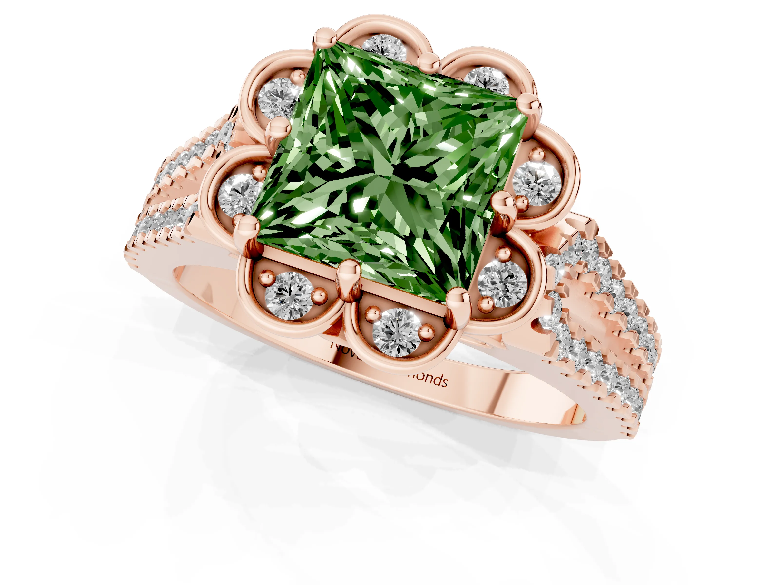 Fancy Green Princess Cut Diamond Floral Halo Split Shank Engagement Ring Set in Rose gold with Pavé Shank