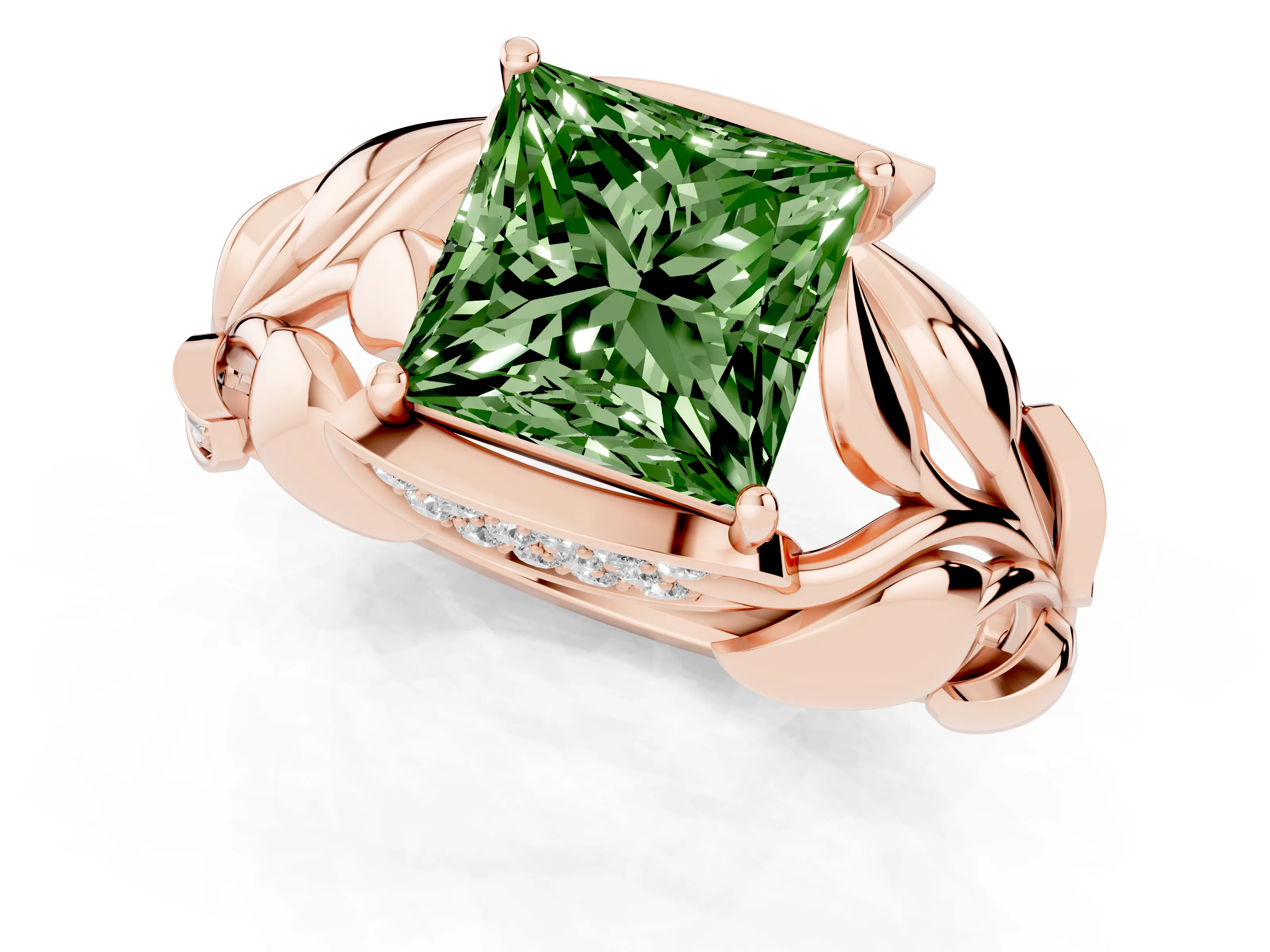 Fancy Green Princess Cut Diamond Leaf-Inspired Engagement Ring Set in Rose gold with Round Accents