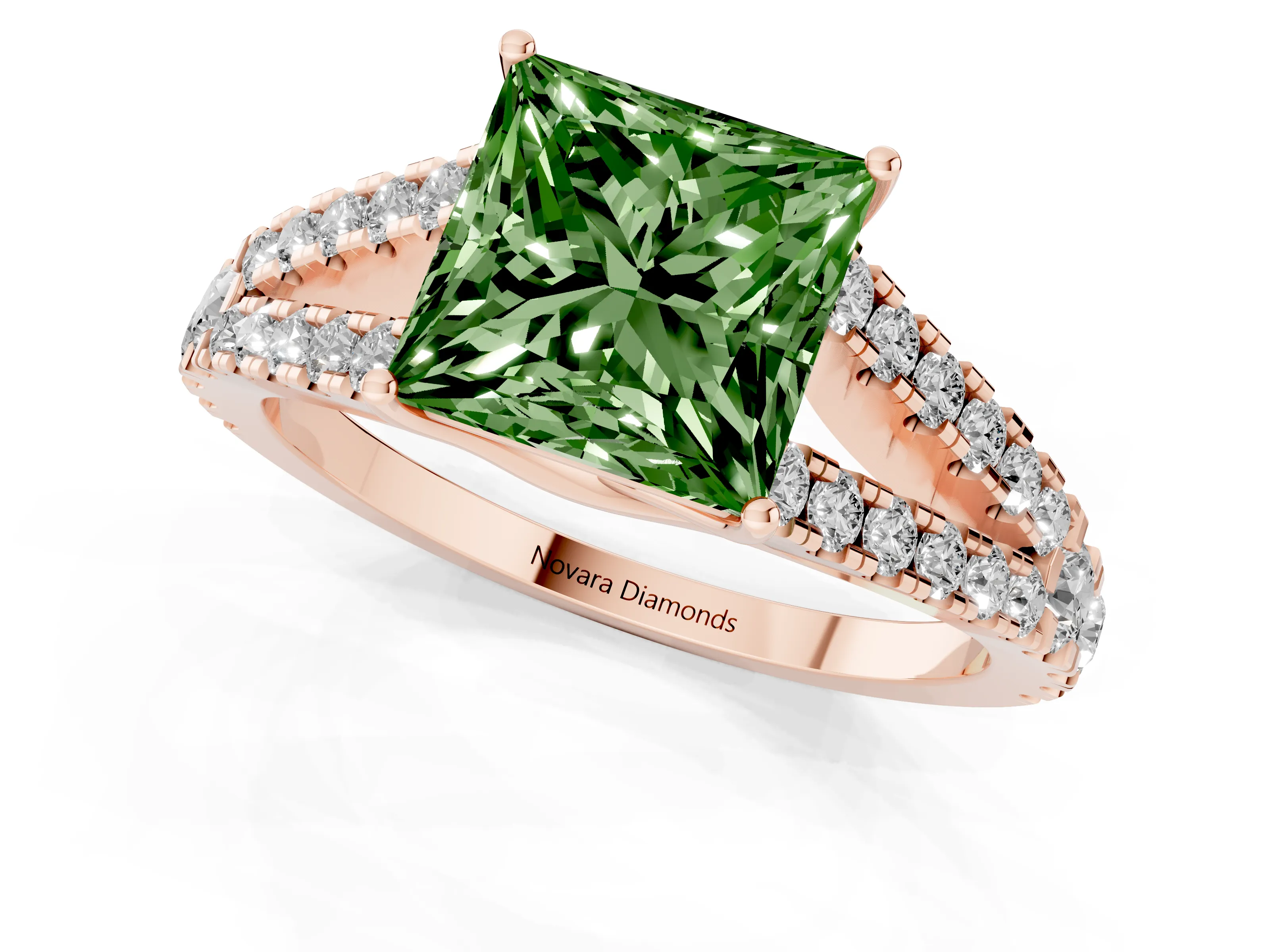 Fancy Green Princess Cut Diamond Split Shank Pavé Engagement Ring Set in Rose gold with Prong-Held Center Stone