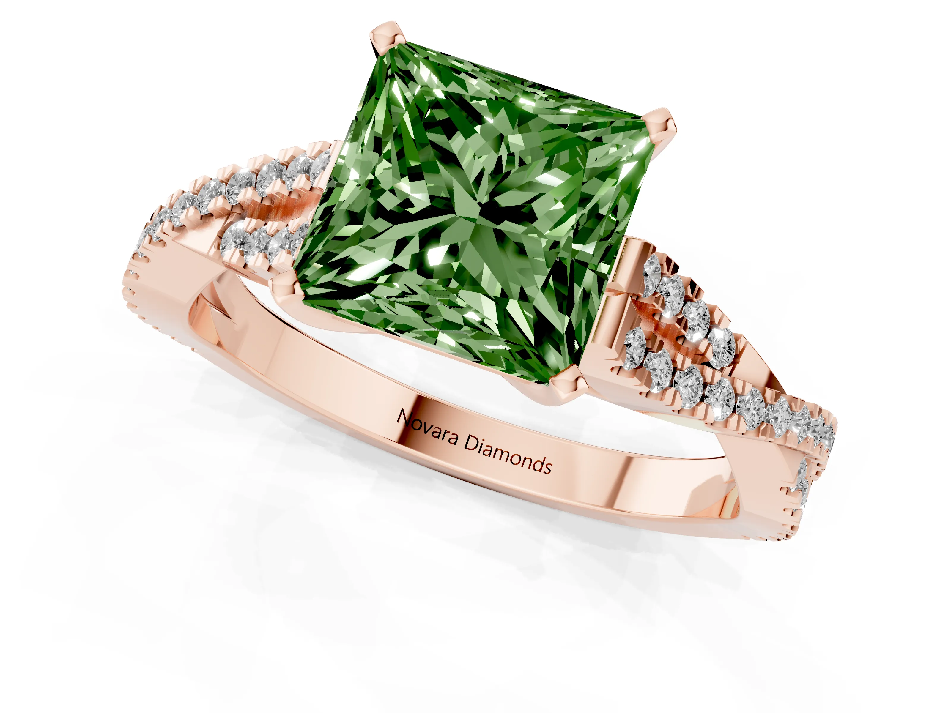 Fancy Green Princess Cut Diamond Solitaire Engagement Ring Set in Rose gold with Twisted Pavé Band and Prong Setting