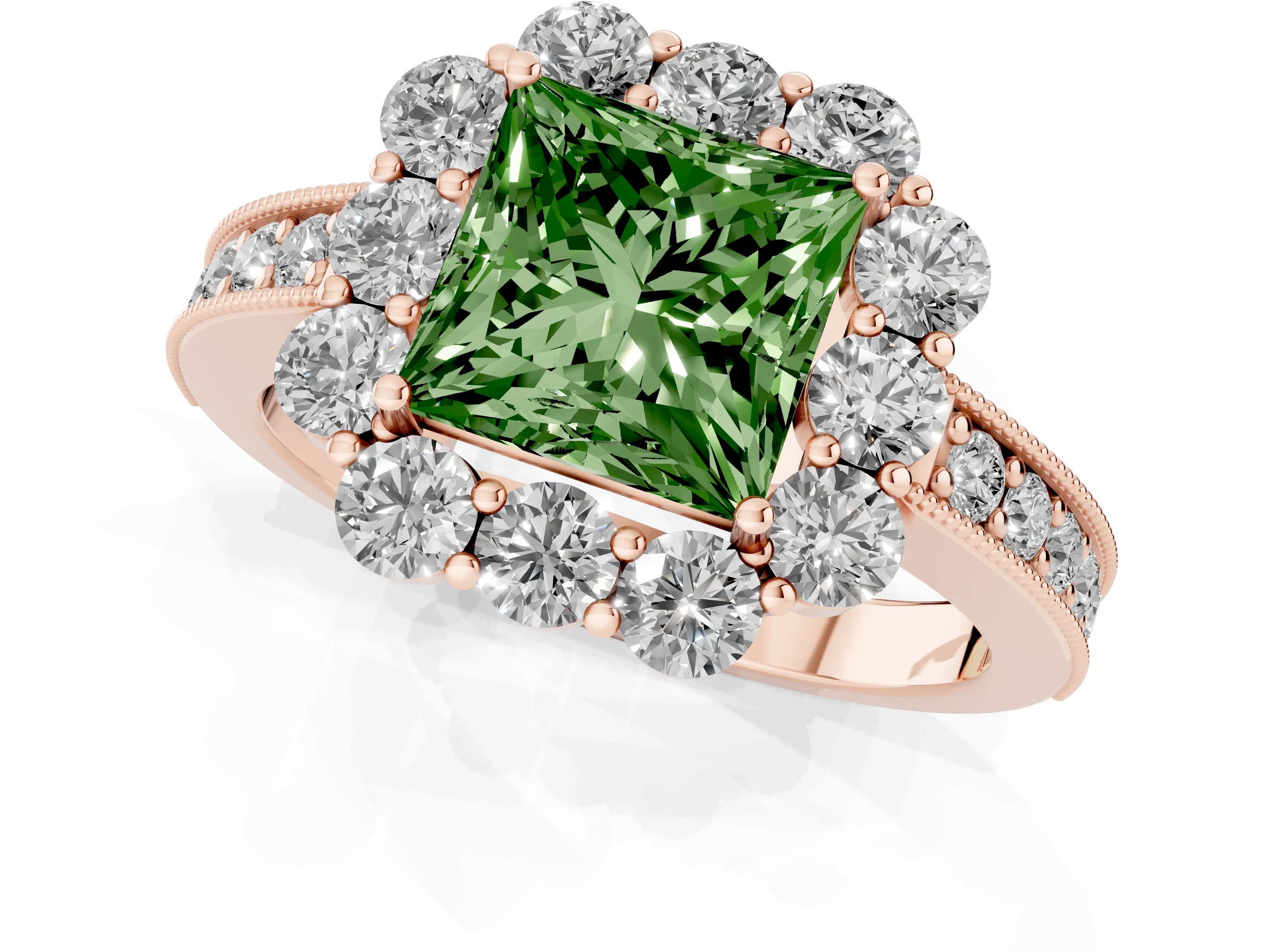 Fancy Green Princess Cut Diamond Halo Pavé Engagement Ring Set in Rose gold with Milgrain Detailing