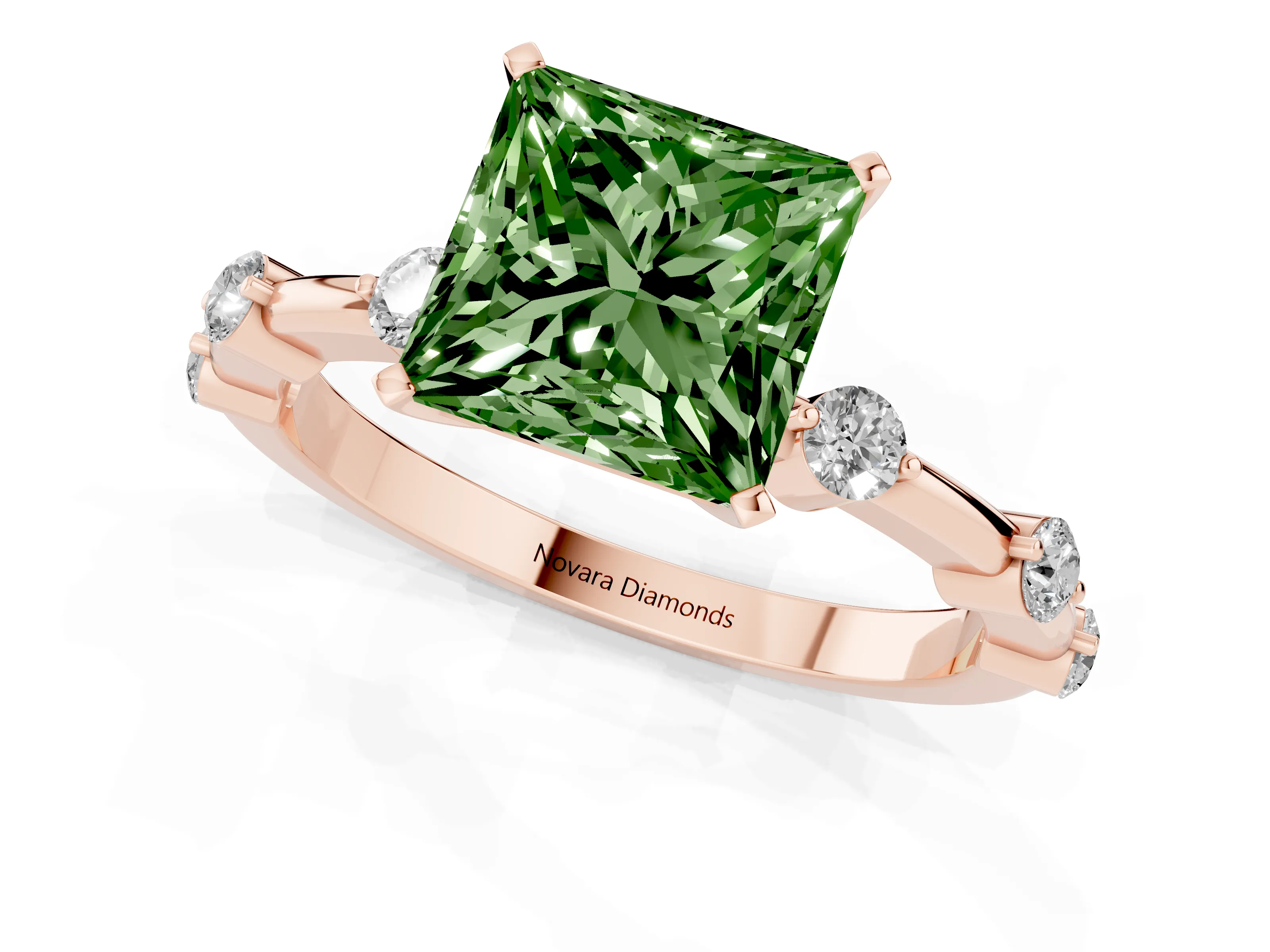 Fancy Green Princess Cut Diamond Solitaire Ring Set in Rose gold with Bezel Set Side Stones and Prong Setting