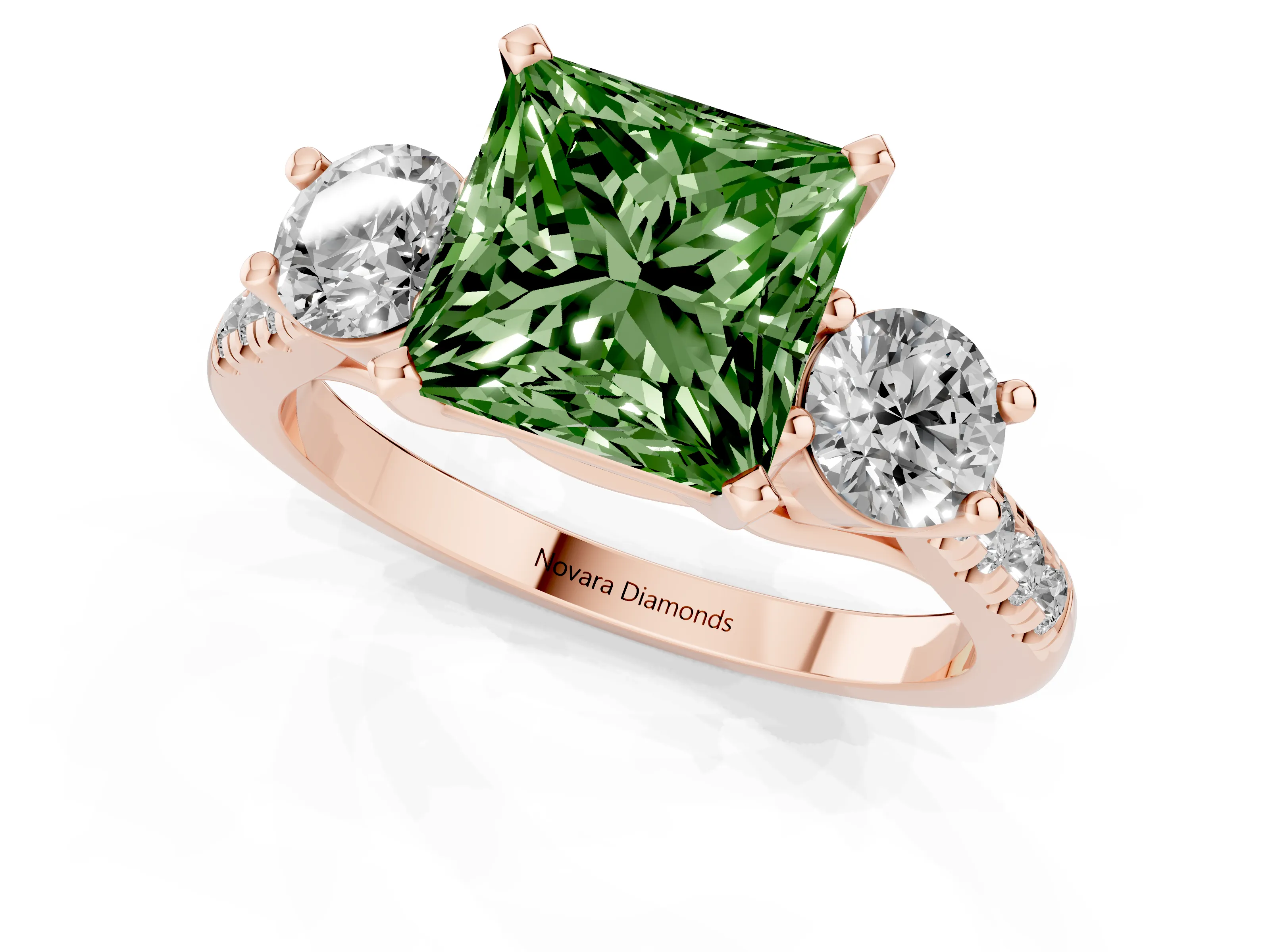 Fancy Green Three-Stone Princess Cut Diamond Pavé Band Ring Set in Rose gold with Prong-Set Trio