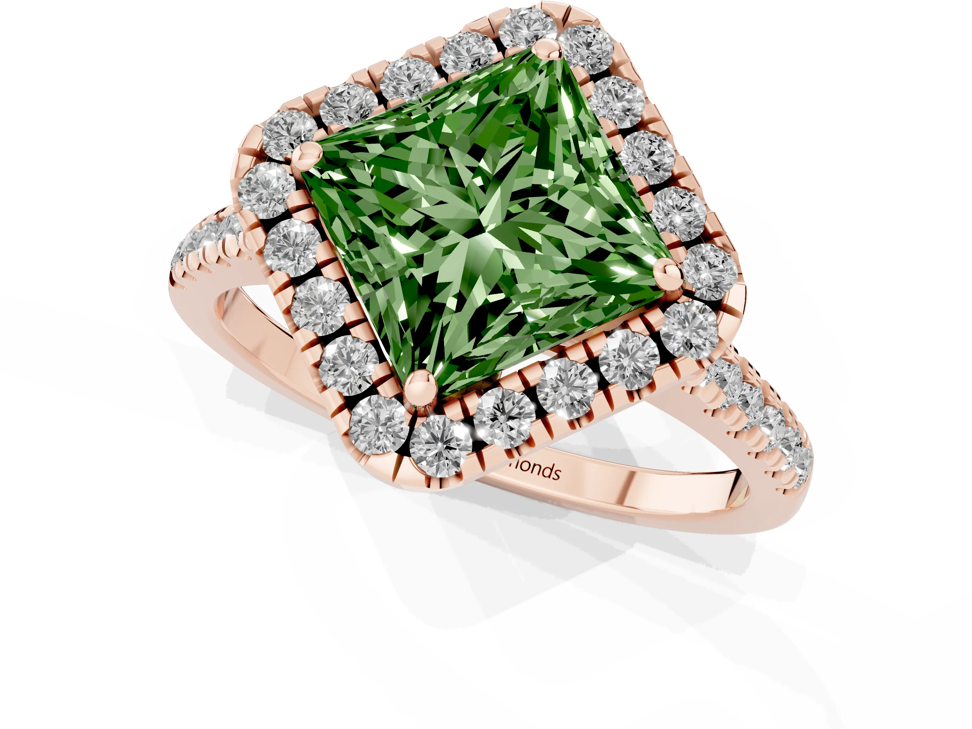 Fancy Green Princess Cut Diamond Cushion Halo Ring Set in Rose gold with Pavé Band