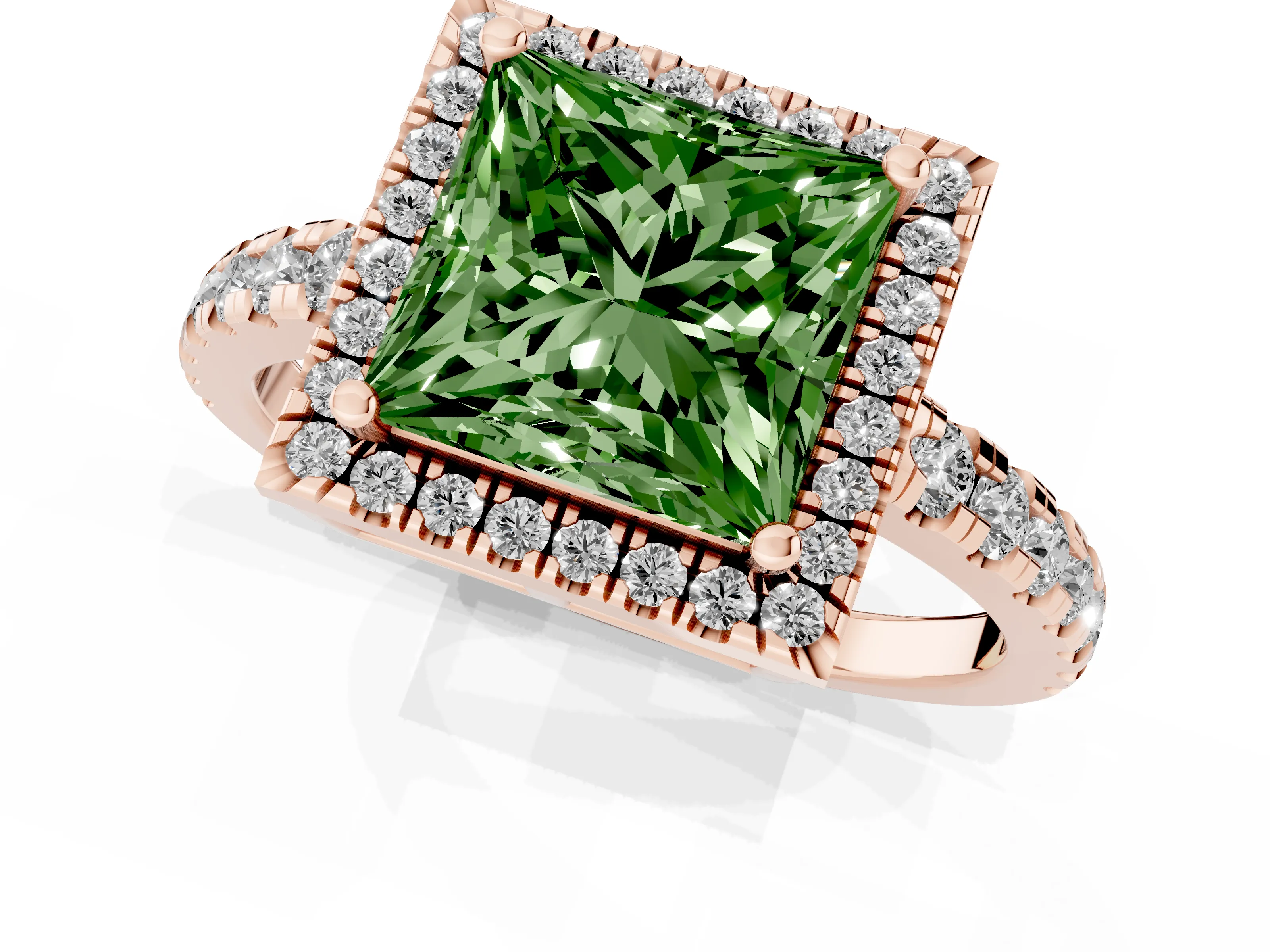 Fancy Green Princess Cut Diamond Halo Ring Set in Rose gold with Delicate Pavé Band and Prong Setting