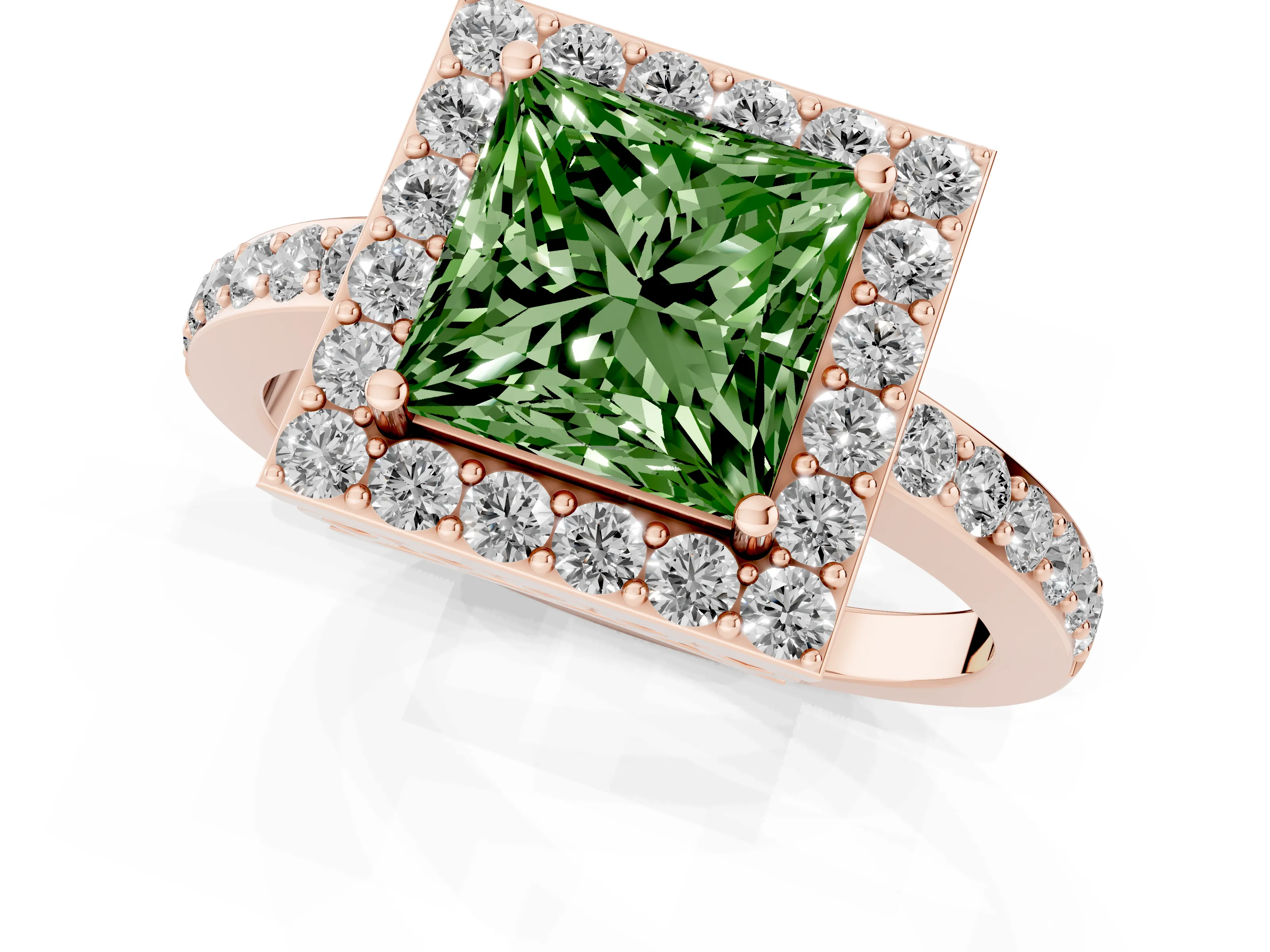 Fancy Green Princess Cut Diamond Halo Ring Set in Rose gold with Pavé-Setting Band and Open Prong Center