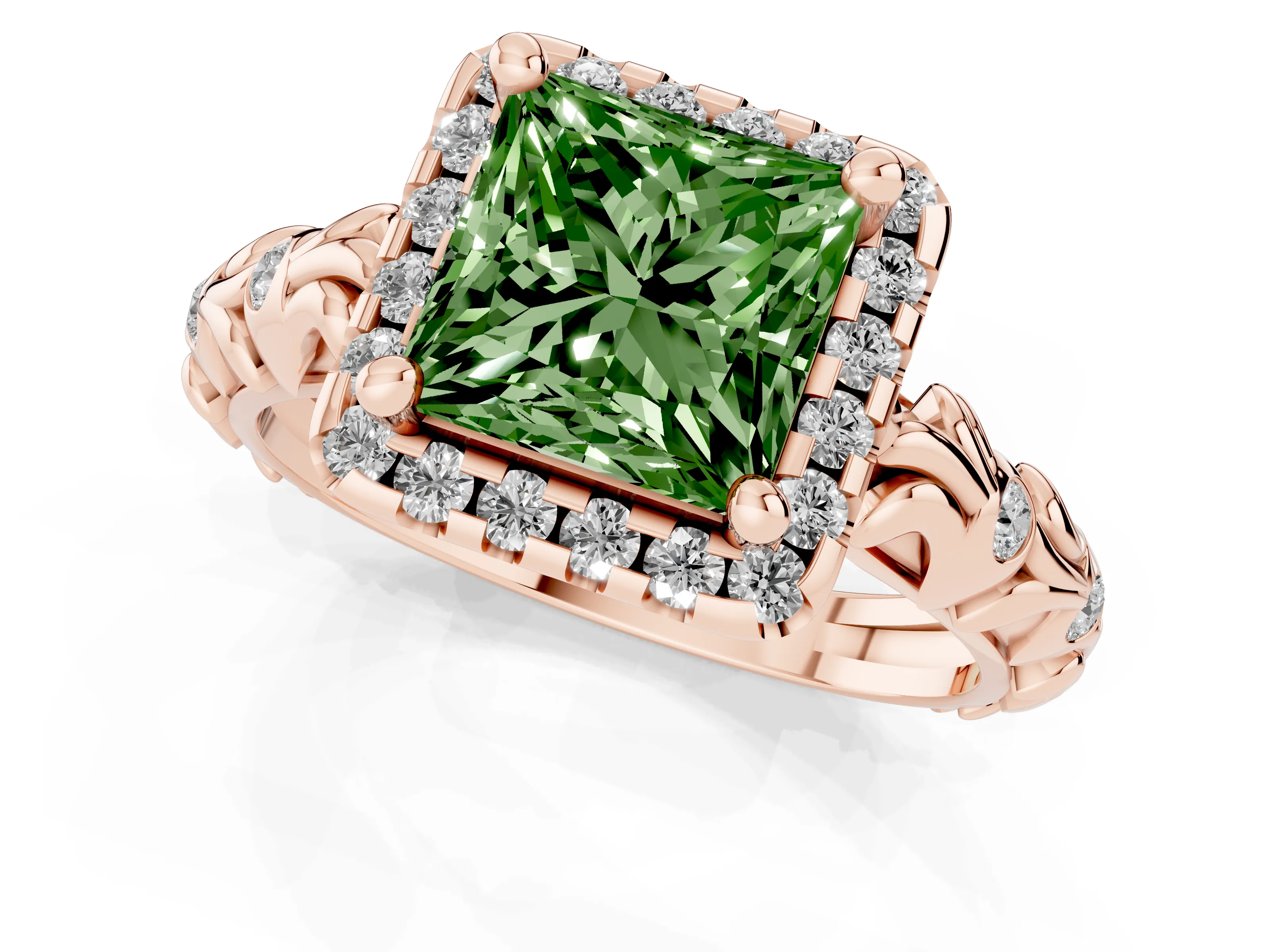 Fancy Green Princess Cut Diamond Halo Ring Set in Rose gold with Filigree Leaf Band and Prong Setting