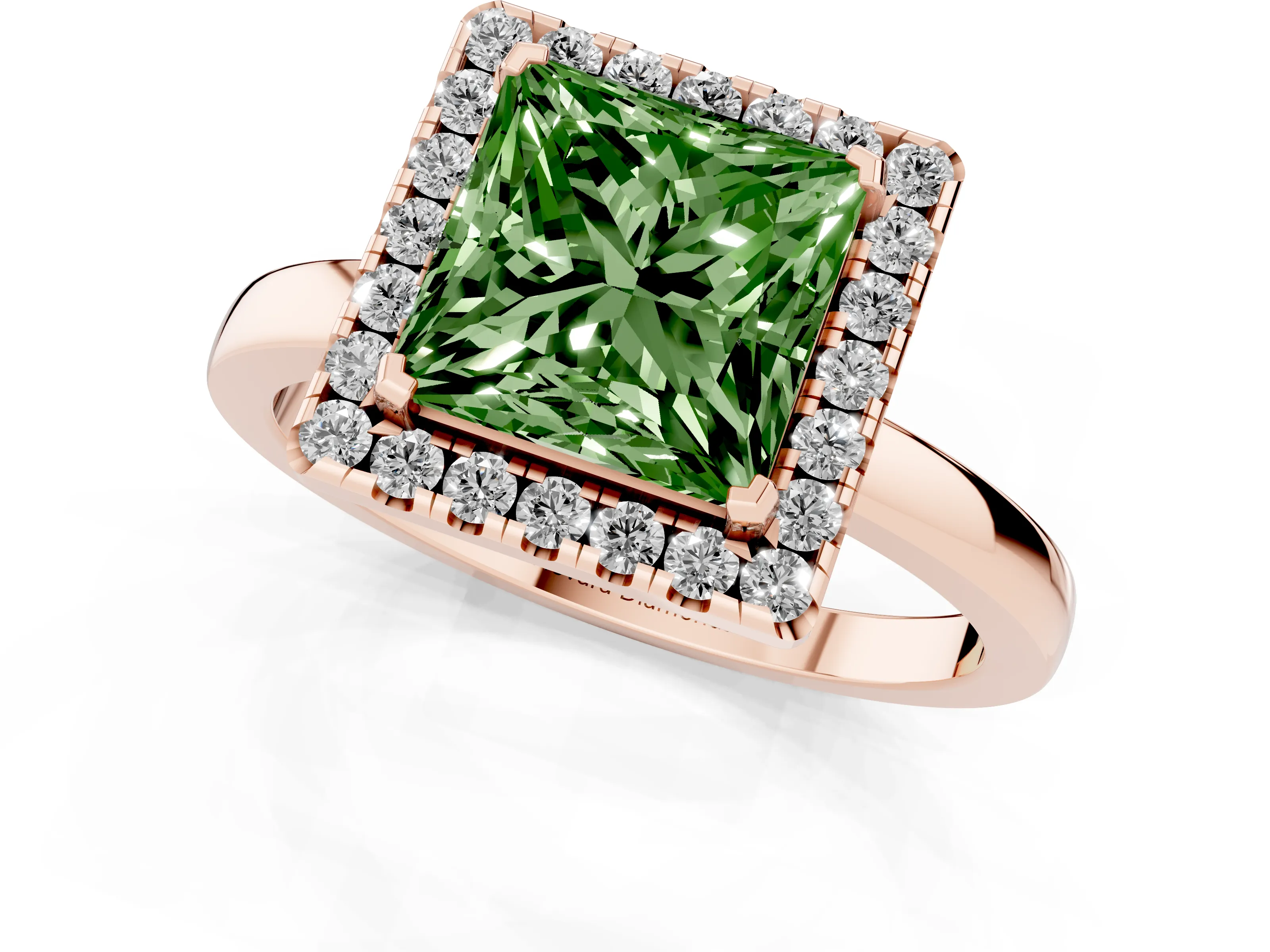 Fancy Green Princess Cut Diamond Halo Solitaire Ring Set in Rose gold with Pavé Band and Prong Setting