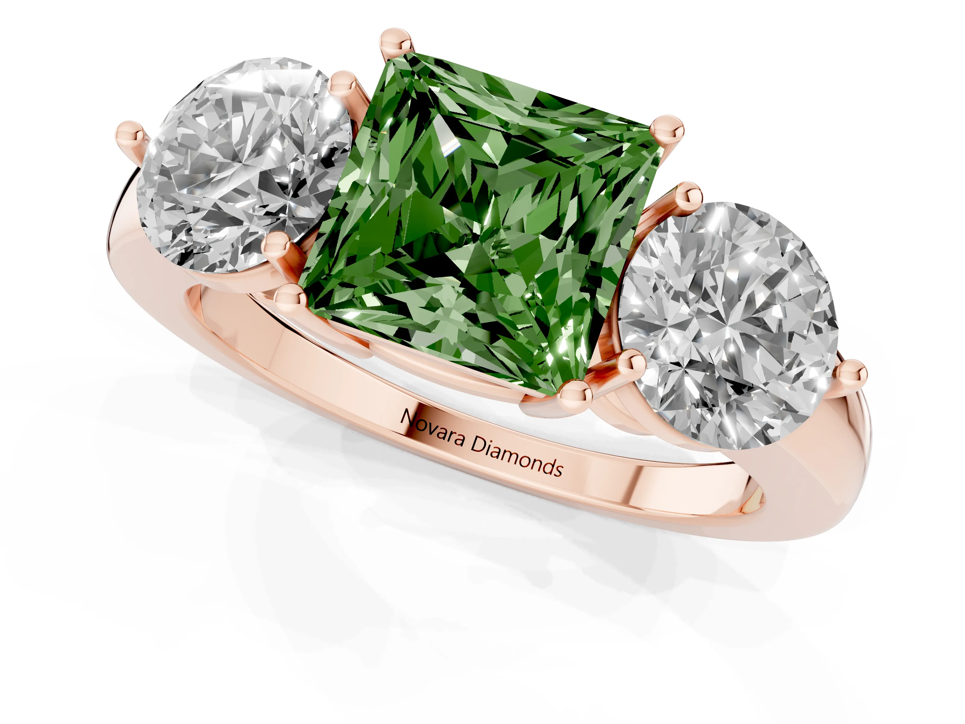 Fancy Green Princess Cut Diamond Three-Stone Ring Set in Rose gold with Prong Setting and Plain Band