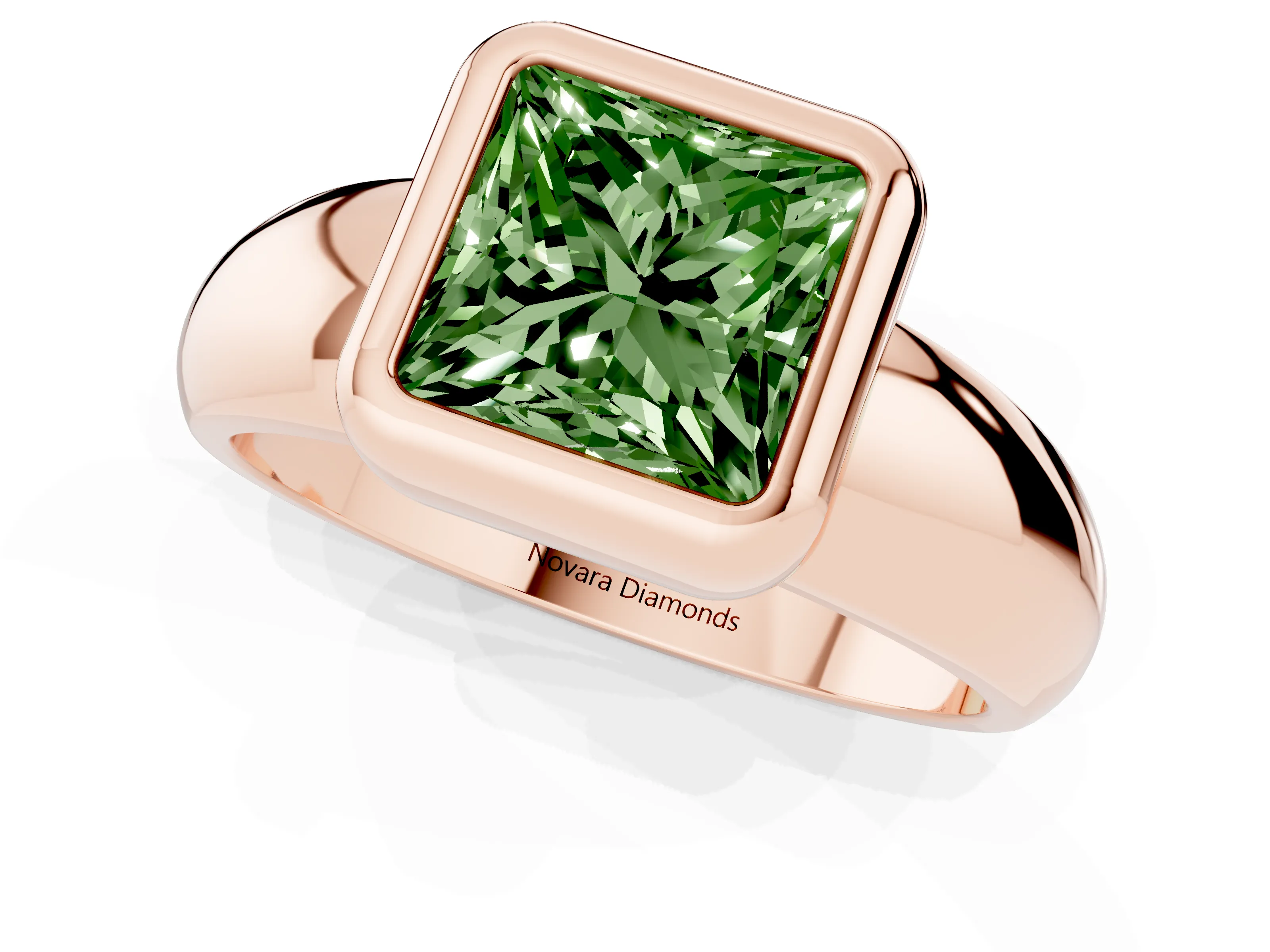 Fancy Green Bezel Set Princess Cut Diamond Solitaire Ring Set in Rose gold with Wide Band