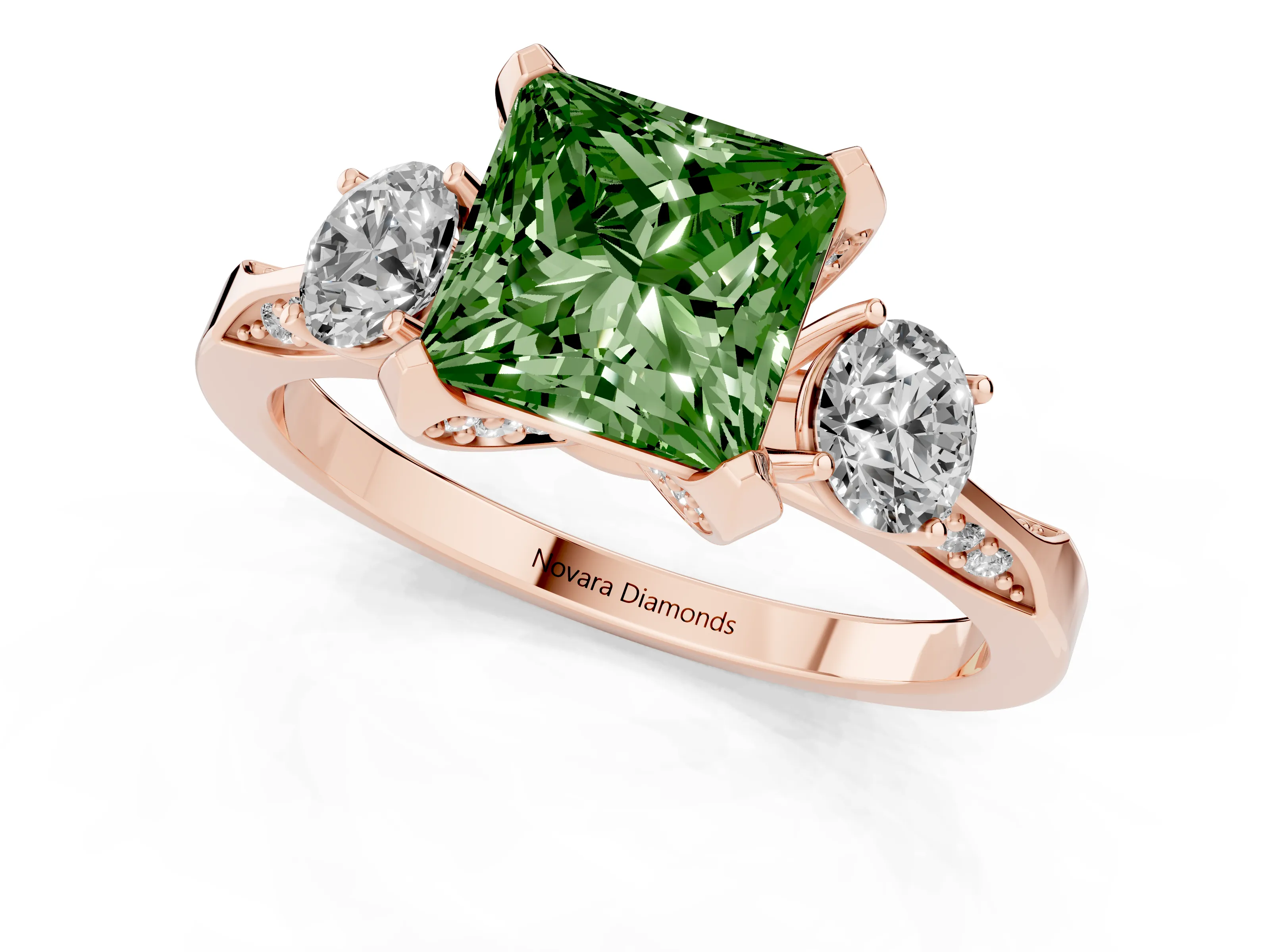 Fancy Green Princess Cut Diamond Three-Stone Ring Set in Rose gold with Pavé Band and Smaller Side Stones