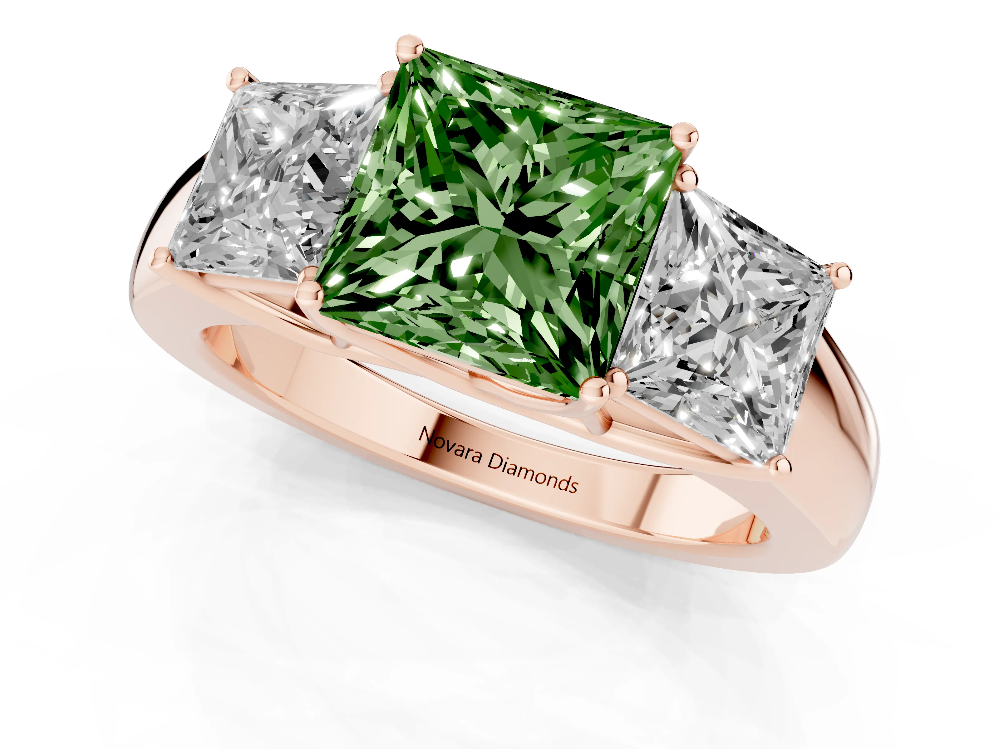 Fancy Green Three-Stone Princess Cut Diamond Ring Set in Rose gold with Matching Prong Settings and Plain Band