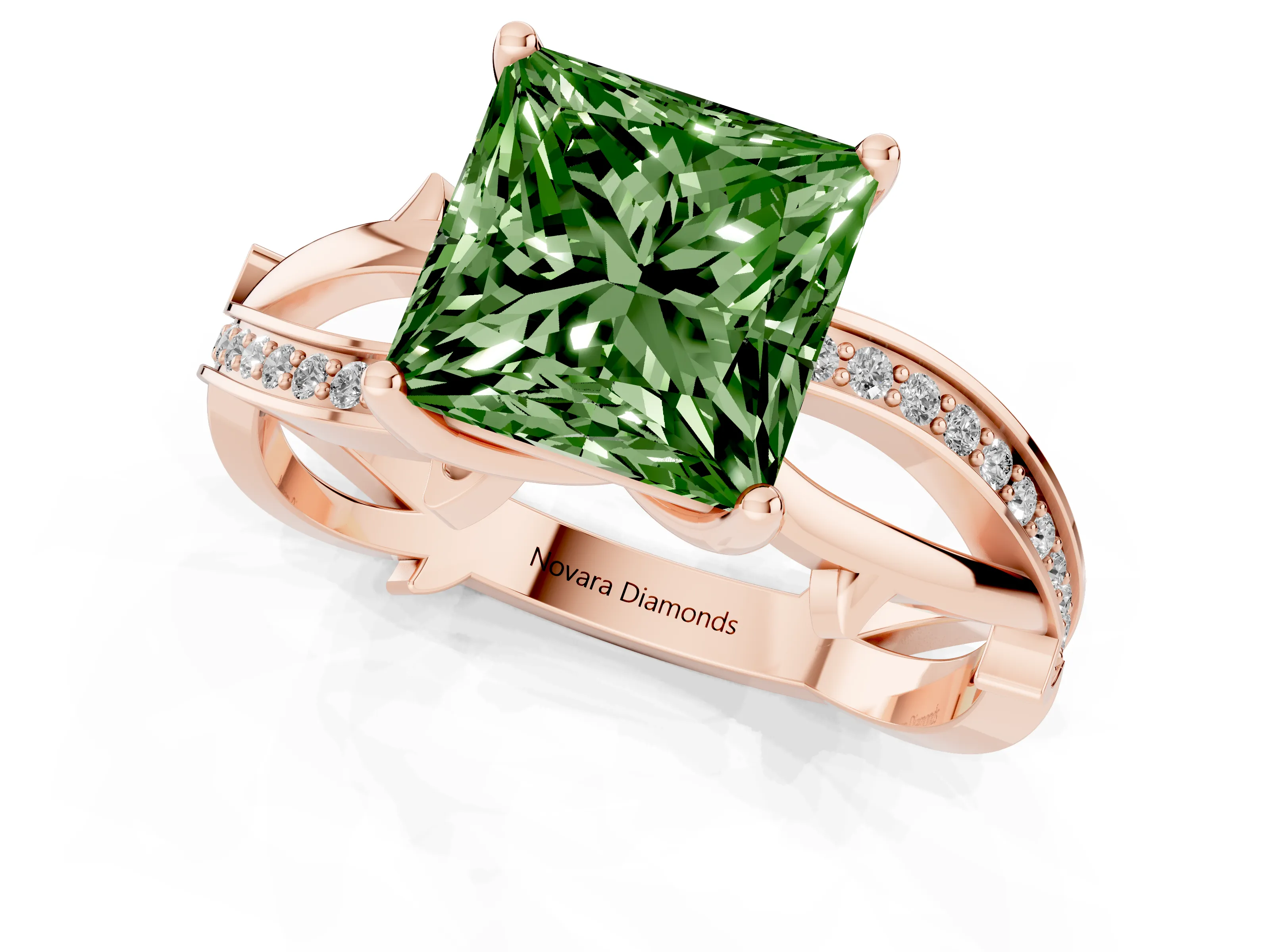 Fancy Green Princess Cut Diamond Pavé Twist Band Solitaire Ring Set in Rose gold with Prong Setting