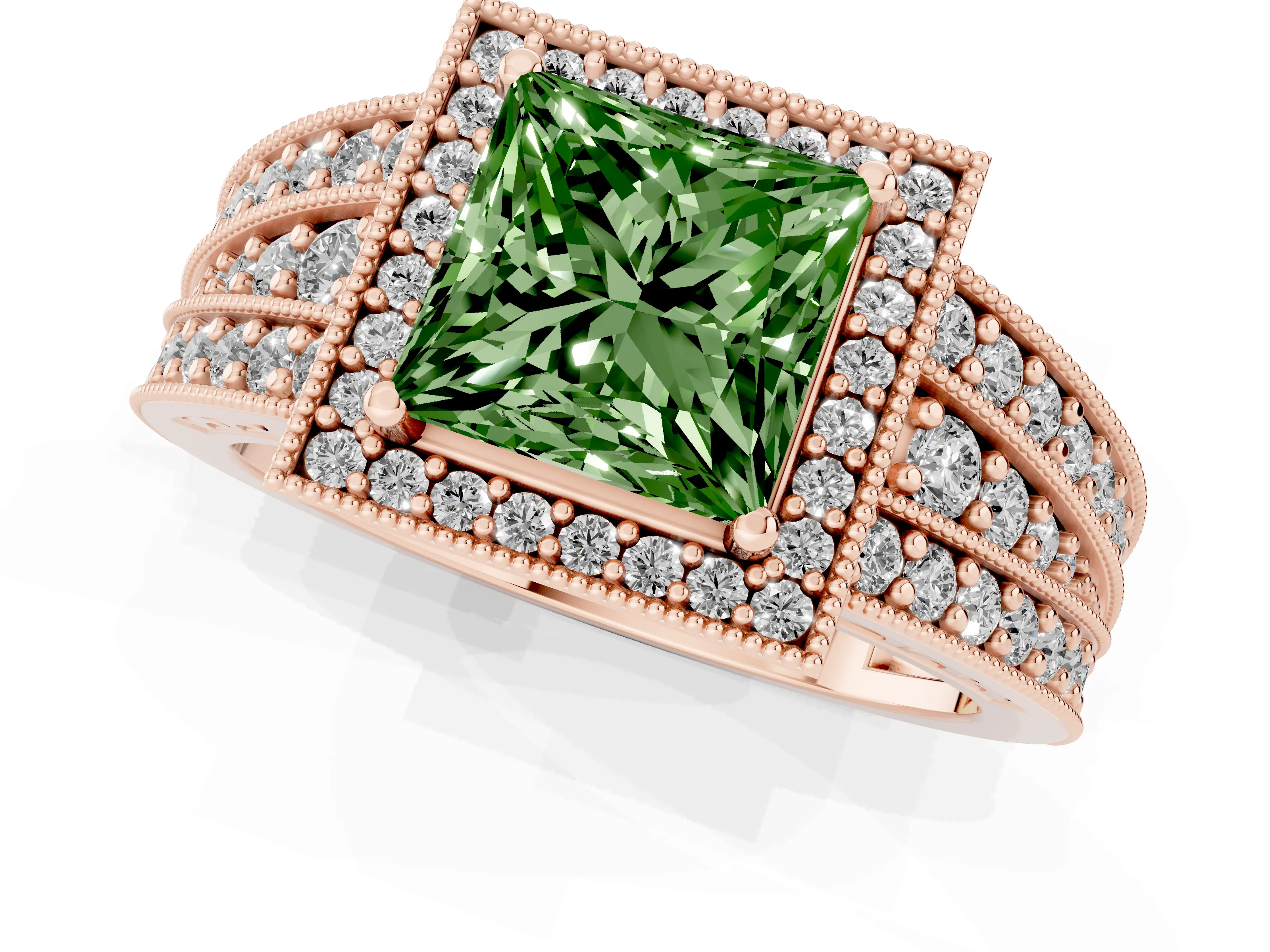 Fancy Green Princess Cut Diamond Halo Ring Set in Rose gold with Accent Split Shank and Prong Setting