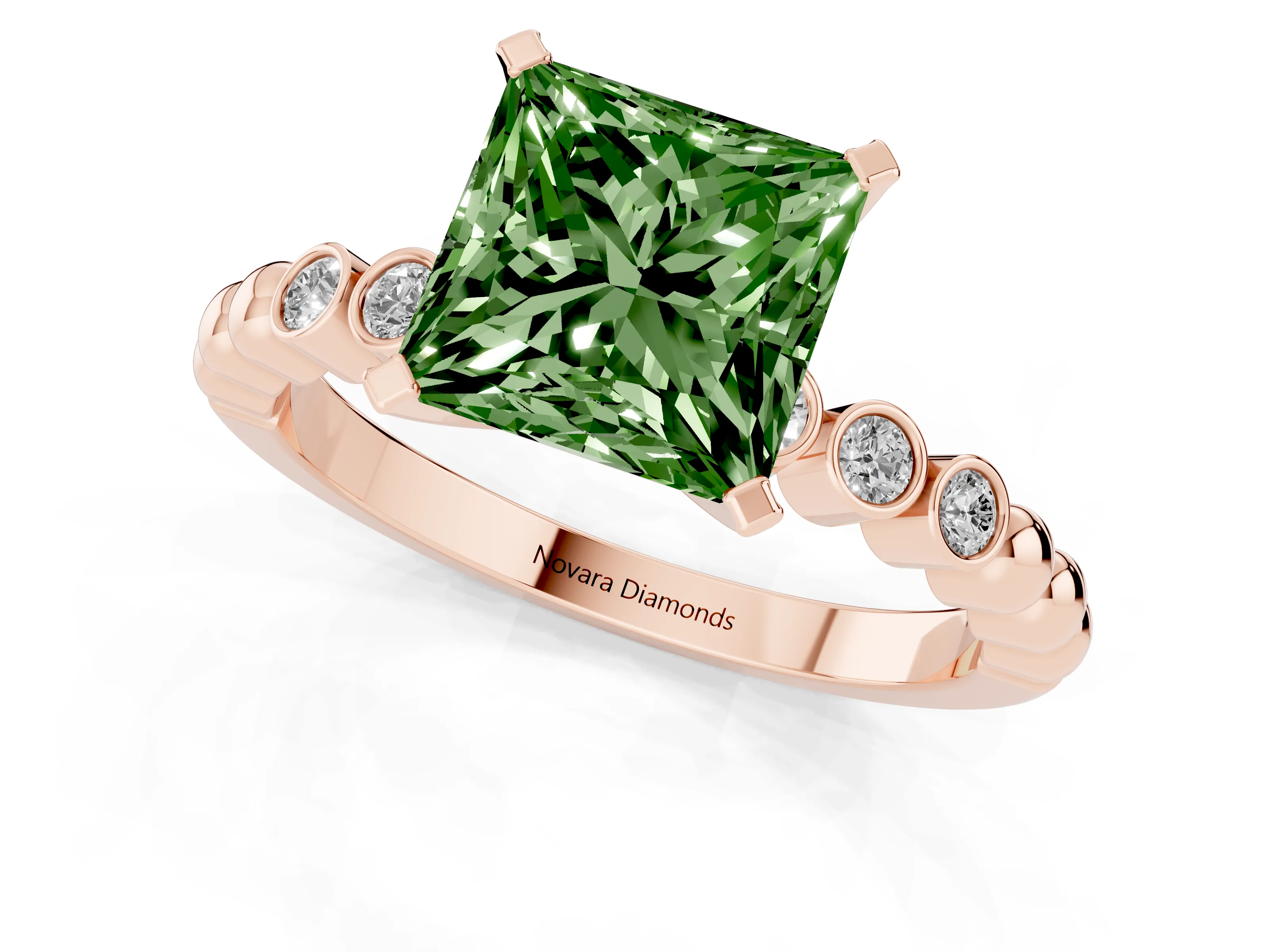 Fancy Green Princess Cut Diamond Solitaire Engagement Ring Set in Rose gold with Bezel Accents on Beaded Band – second view