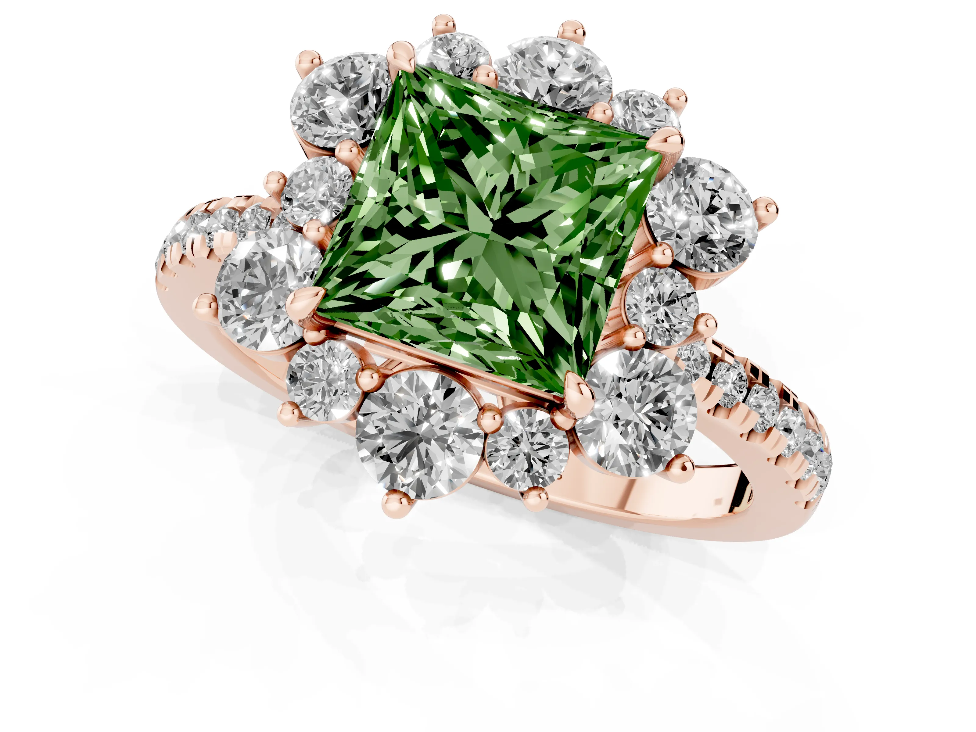 Fancy Green Princess Cut Diamond Floral Halo Ring Set in Rose gold with Round Pavé Band and Prong Setting