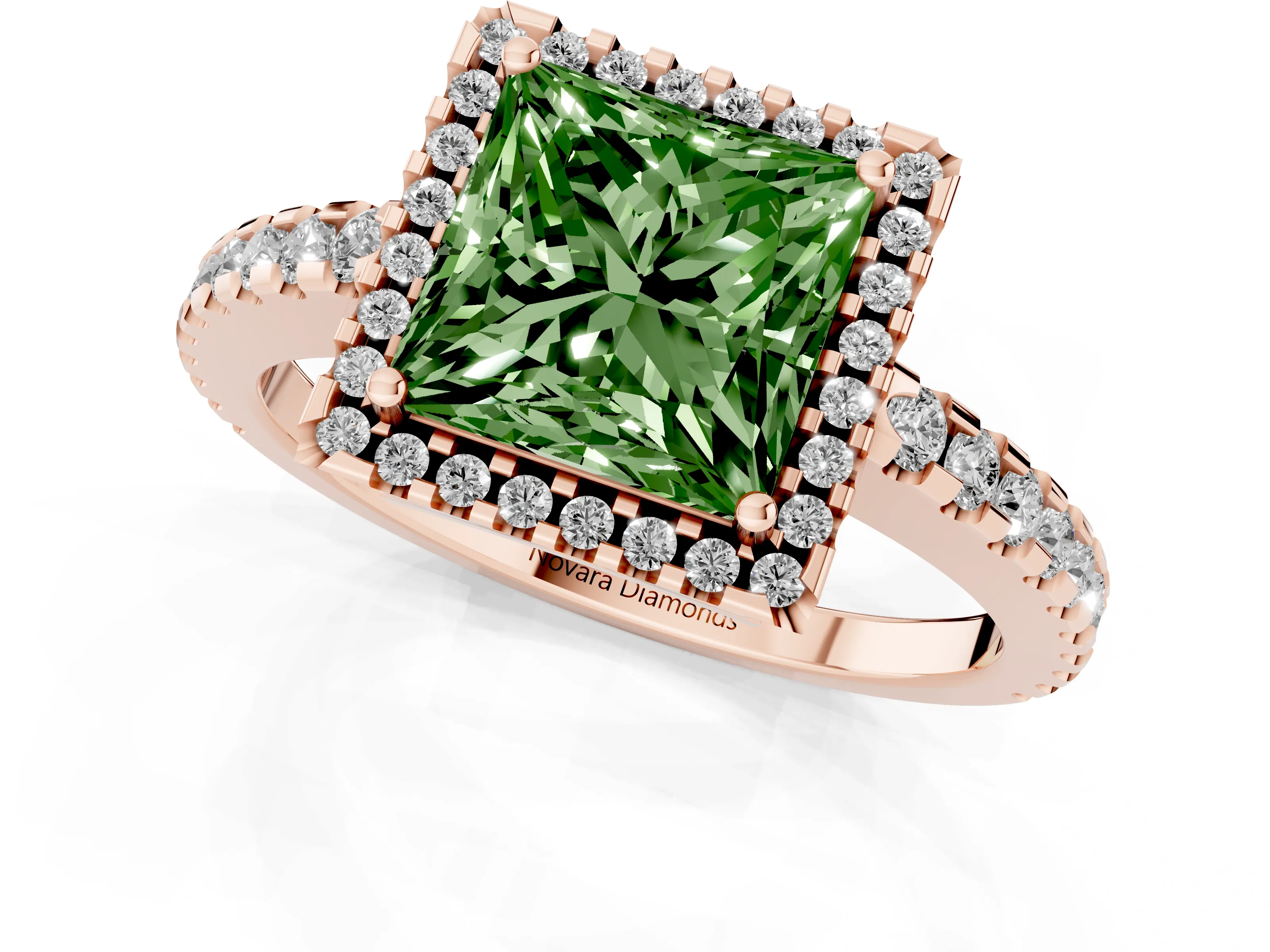 Fancy Green Princess Cut Diamond Halo Ring Set in Rose gold with Pavé Shoulders and Halo-Framed Center