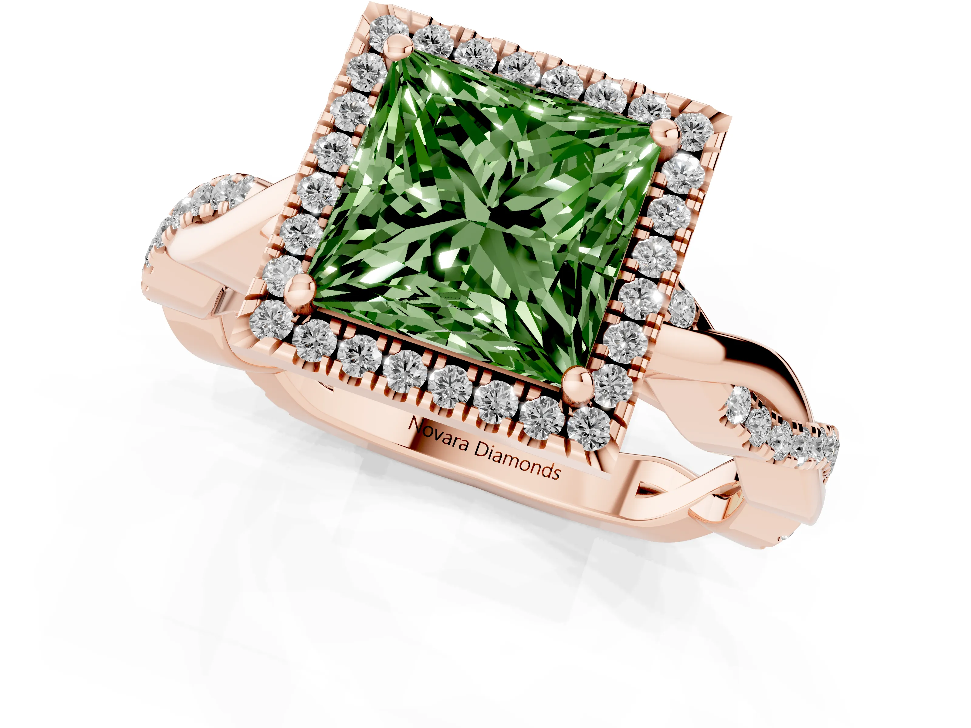 Fancy Green Princess Cut Diamond Halo Twisted Band Ring Set in Rose gold with Prong Setting