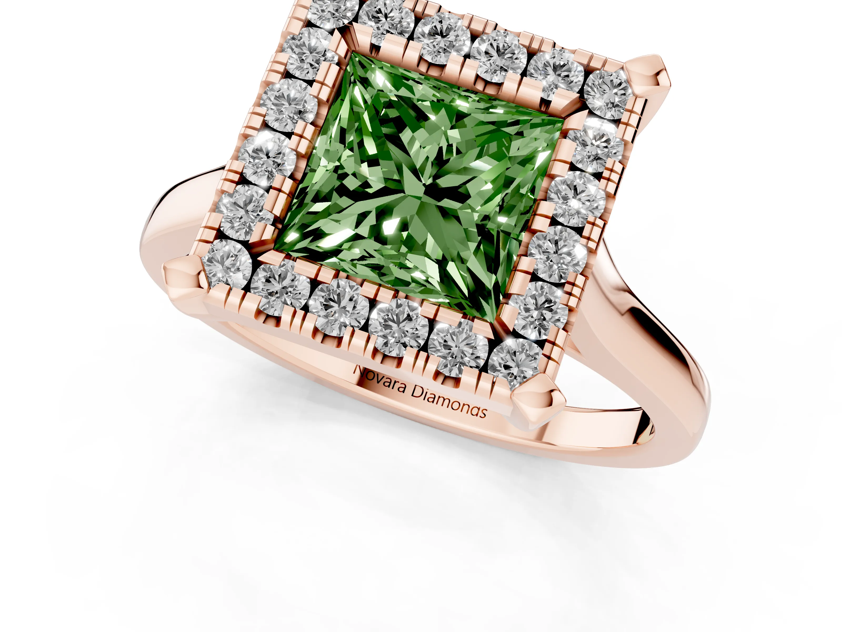 Fancy Green Princess Cut Diamond Cluster Halo Solitaire Ring Set in Rose gold with Prong Setting