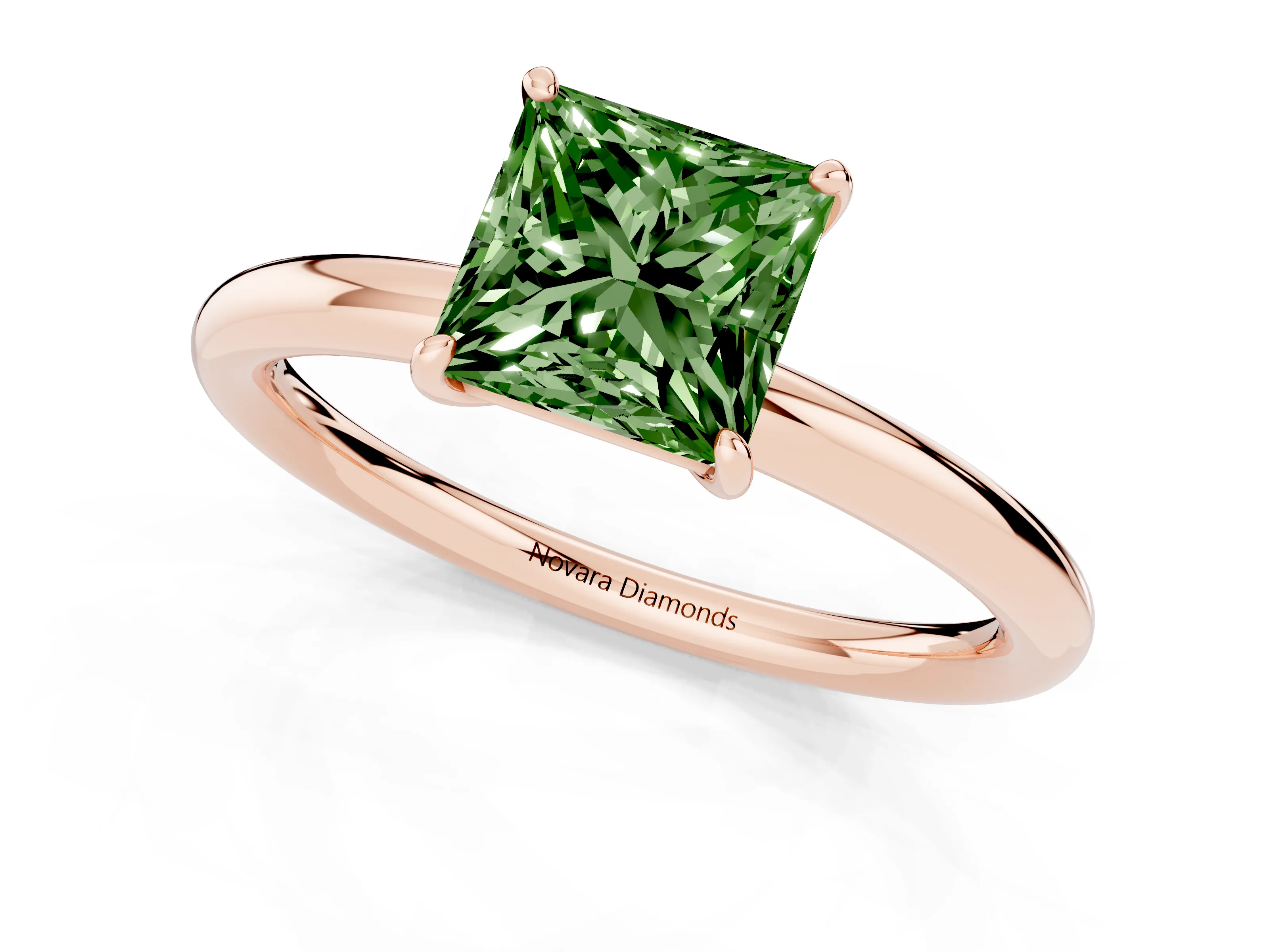 Fancy Green Princess Cut Diamond Solitaire Ring Set in Rose gold with Prong Setting on a Polished Plain Band