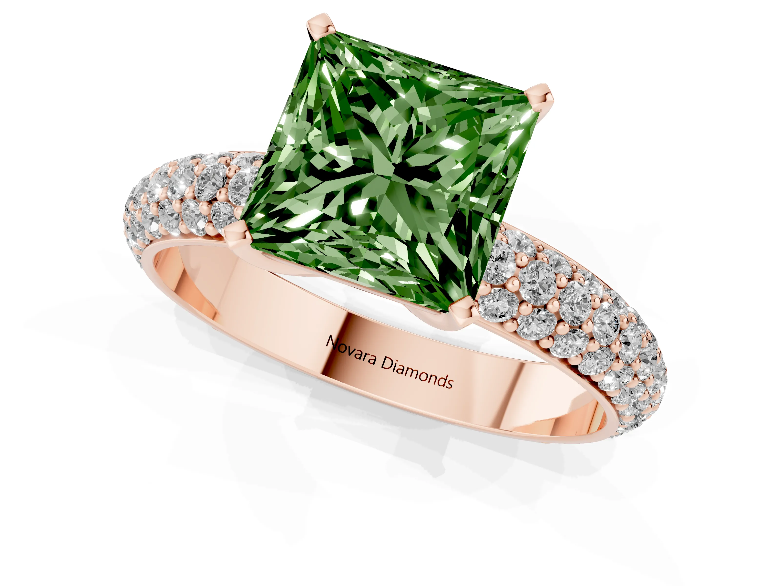 Fancy Green Princess Cut Diamond Solitaire Ring Set in Rose gold with Prong Setting and Pavé-Set Band