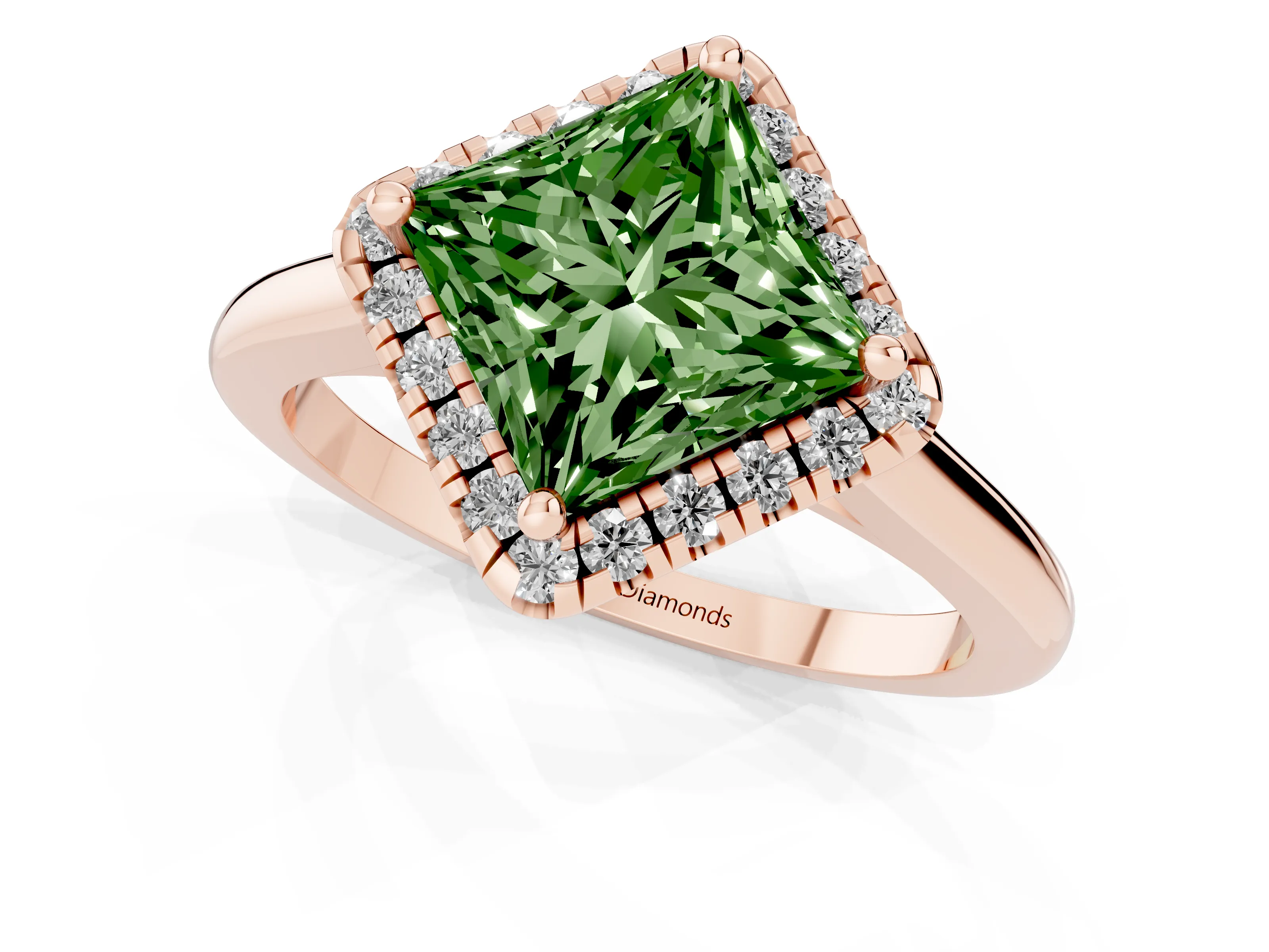 Fancy Green Princess Cut Diamond Halo Engagement Ring Set in Rose gold with Pavé Band and Rising Shoulders