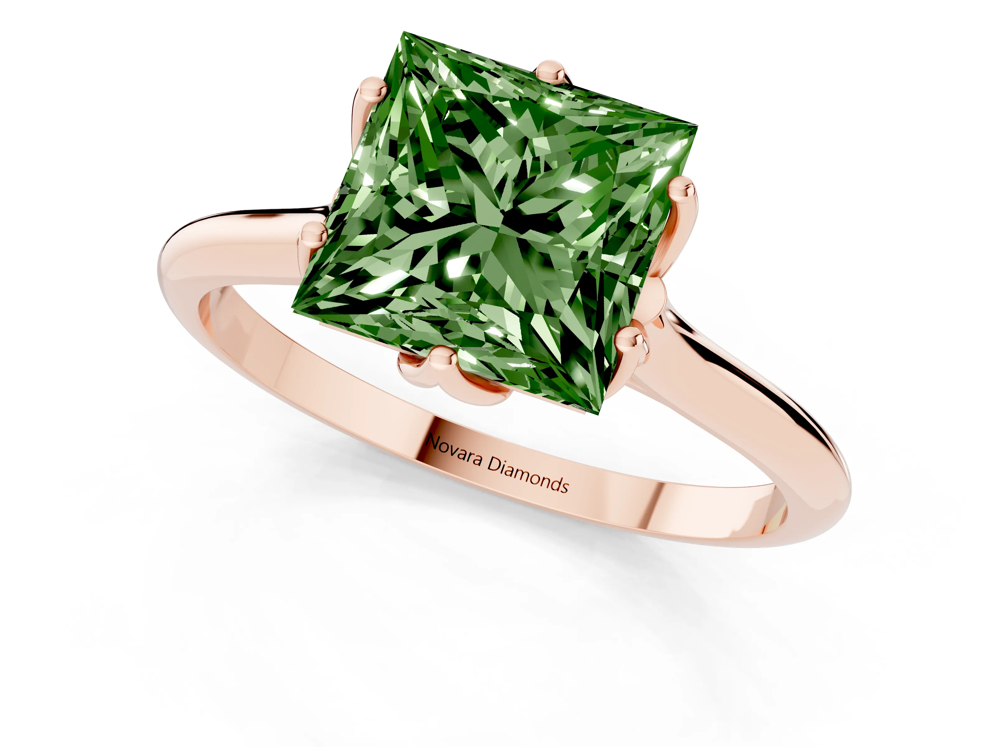 Fancy Green Princess Cut Diamond Solitaire Cathedral Ring Set in Rose gold with Prong Setting