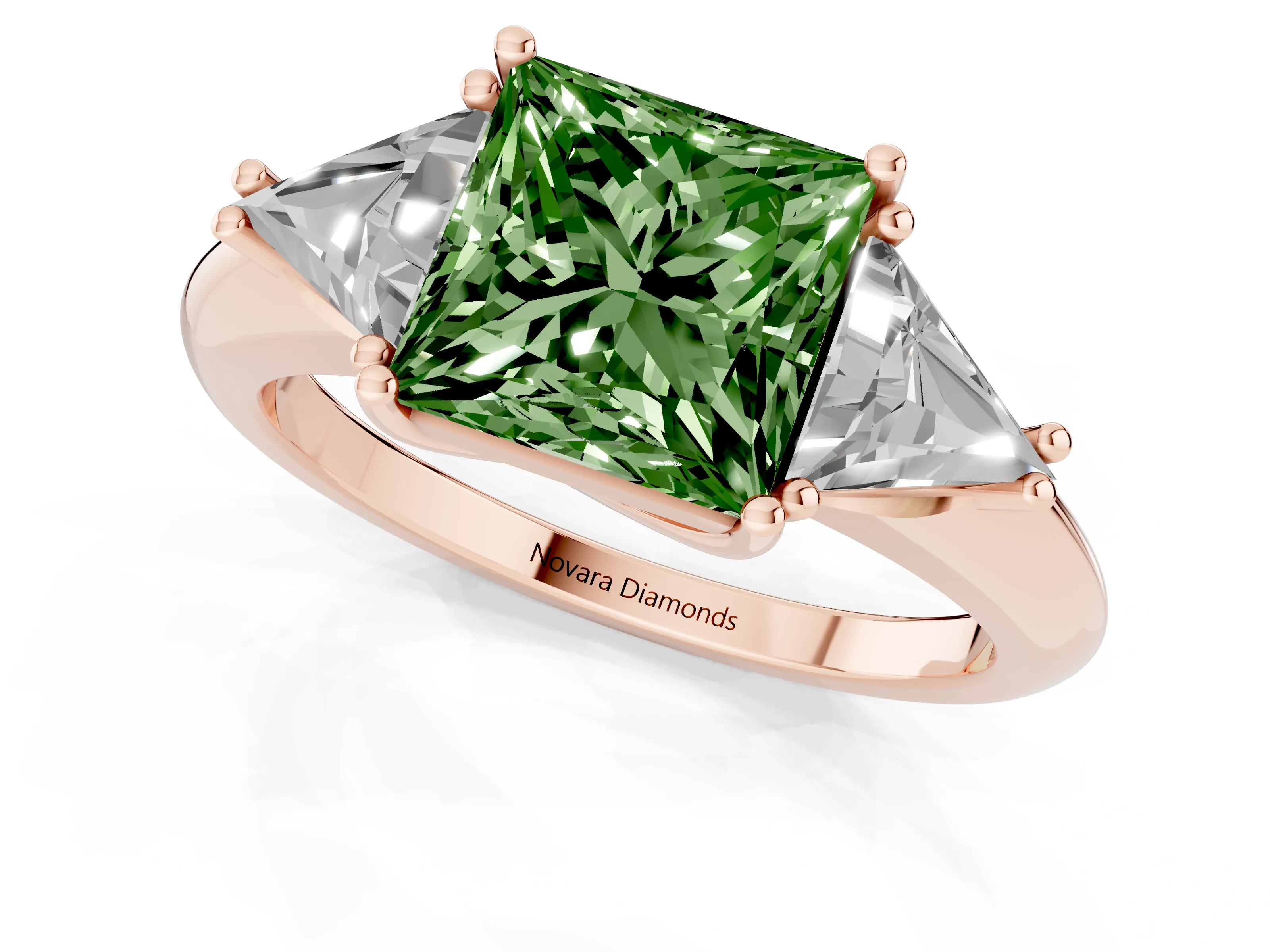 Fancy Green Princess Cut Diamond Three-Stone Engagement Ring Set in Rose gold with Trillion Side Stones