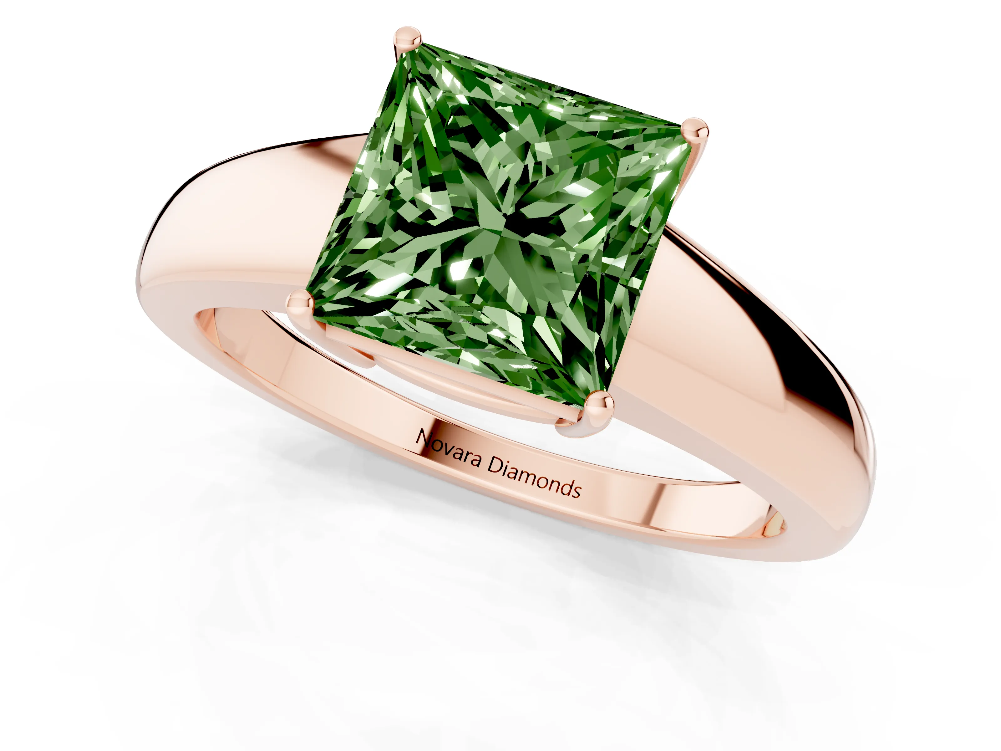 Fancy Green Princess Cut Diamond Solitaire Ring Set in Rose gold with Tapered Band and Prong Setting
