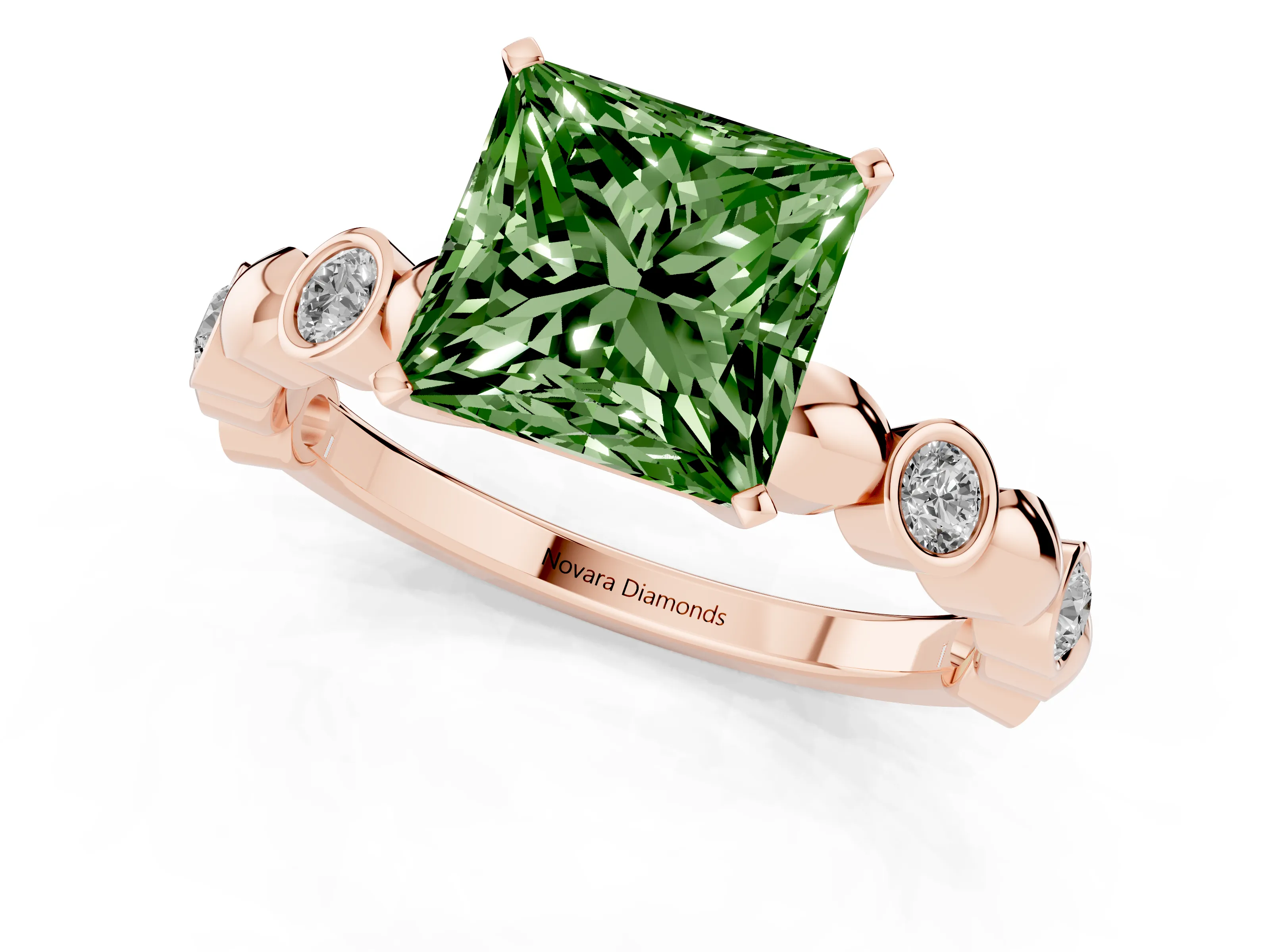 Fancy Green Princess Cut Diamond Solitaire Ring Set in Rose gold with Bezel-Set Accents on Beaded Band and Prong Setting