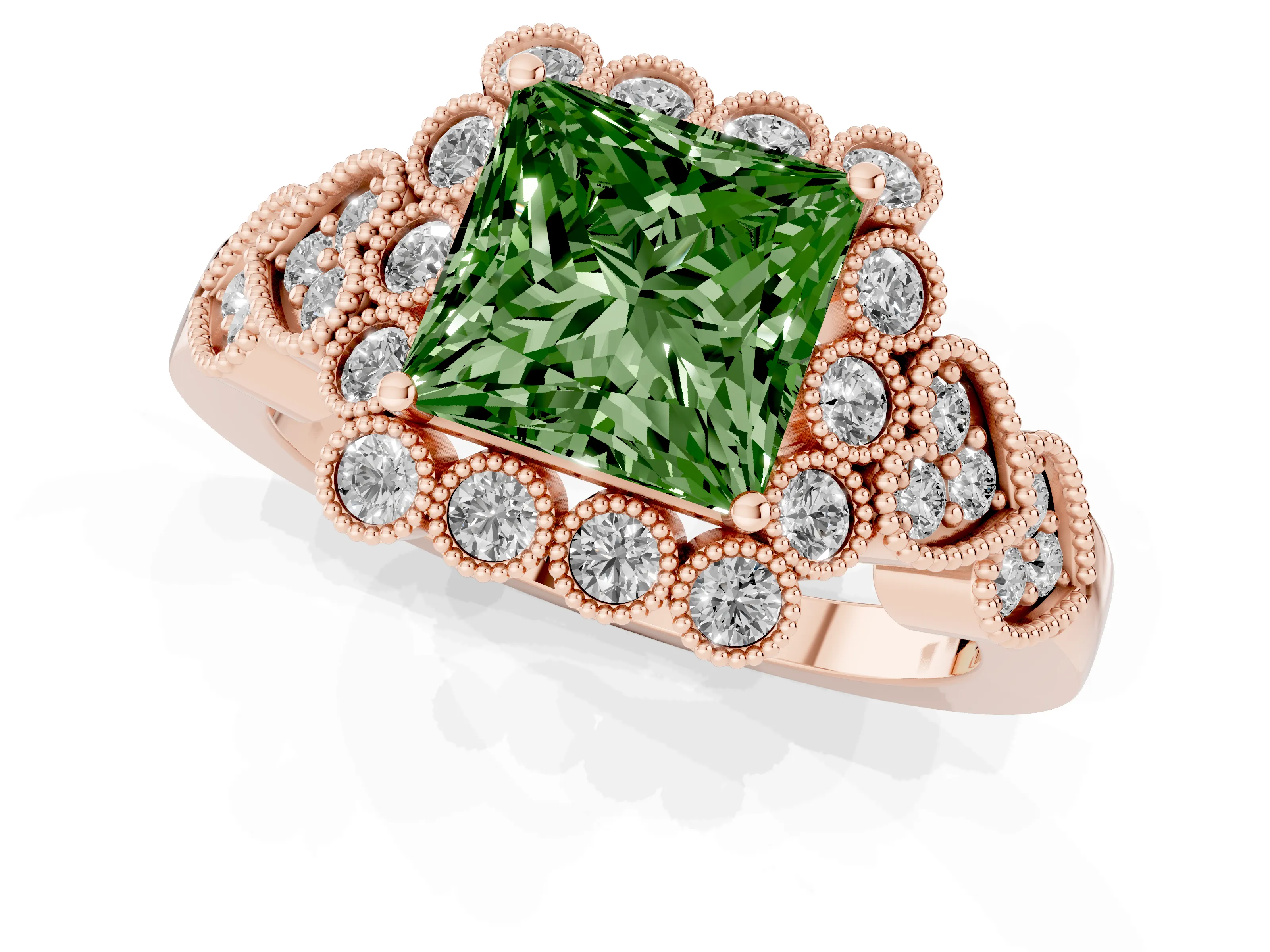 Fancy Green Princess Cut Diamond Solitaire Ring Set in Rose gold with Milgrain Pavé Heart Band