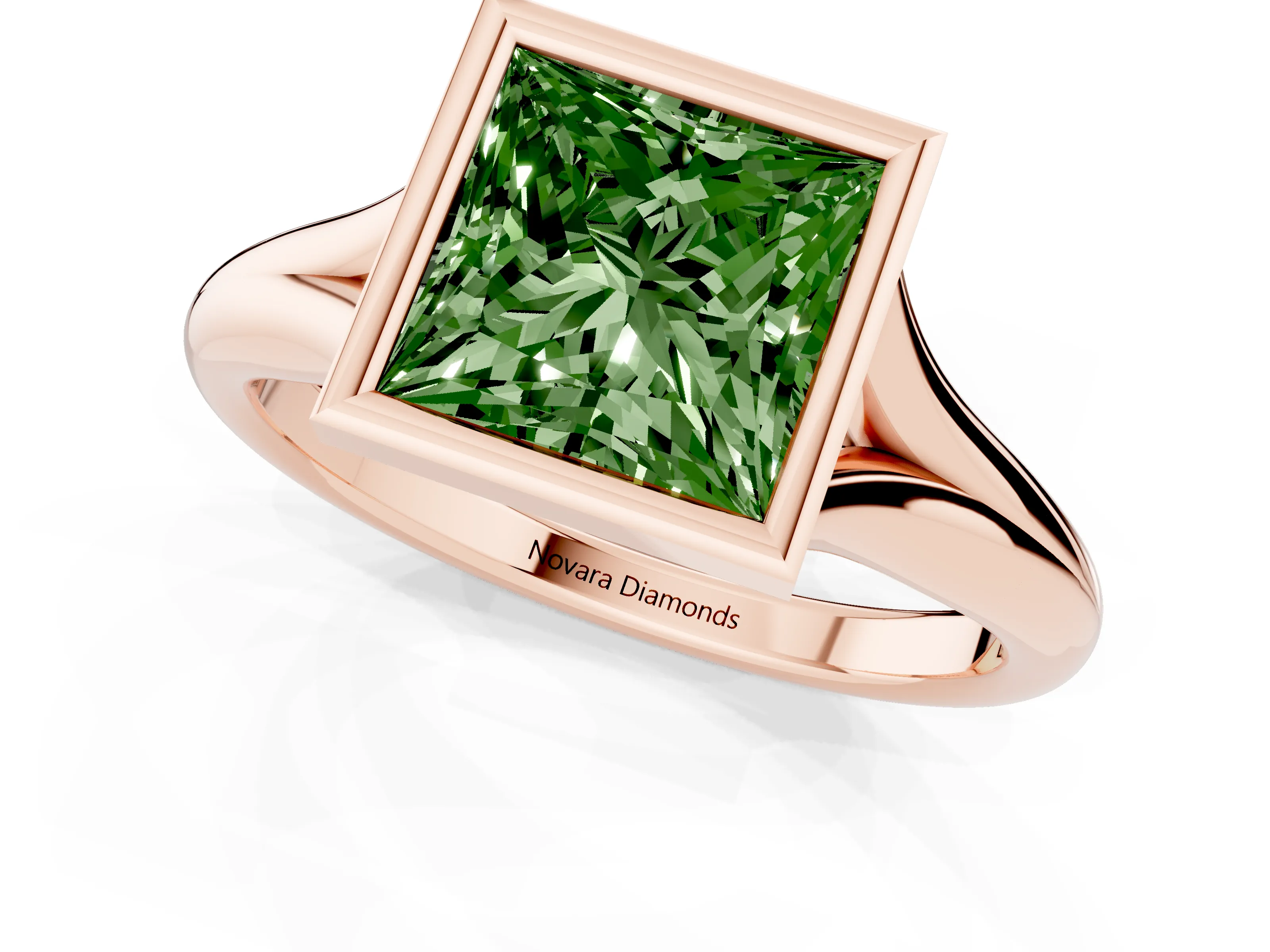 Fancy Green Bezel Set Princess Cut Diamond Solitaire Ring Set in Rose gold with Smooth Band