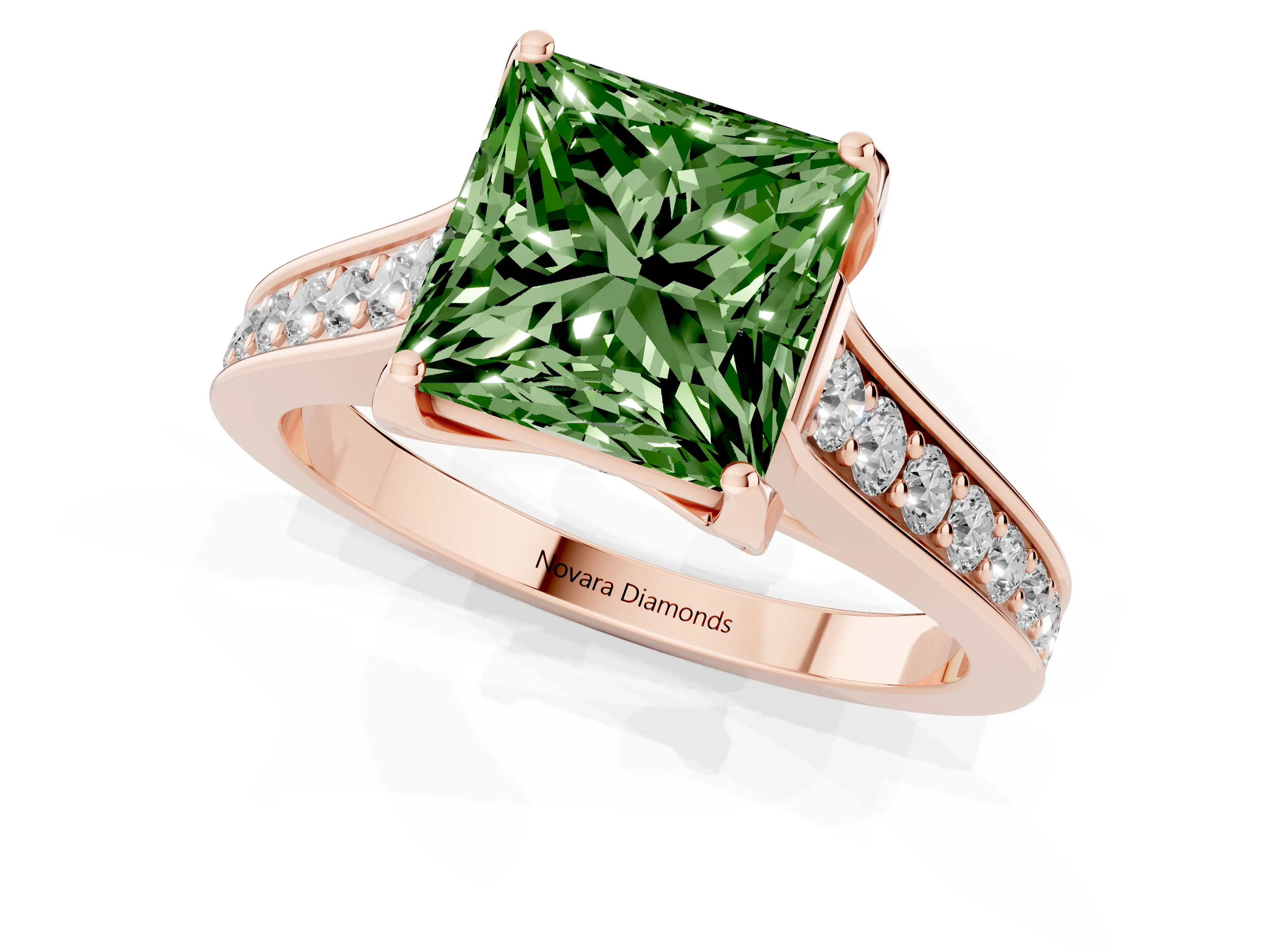 Fancy Green Princess Cut Diamond Solitaire Pavé Engagement Ring Set in Rose gold with Prong Setting