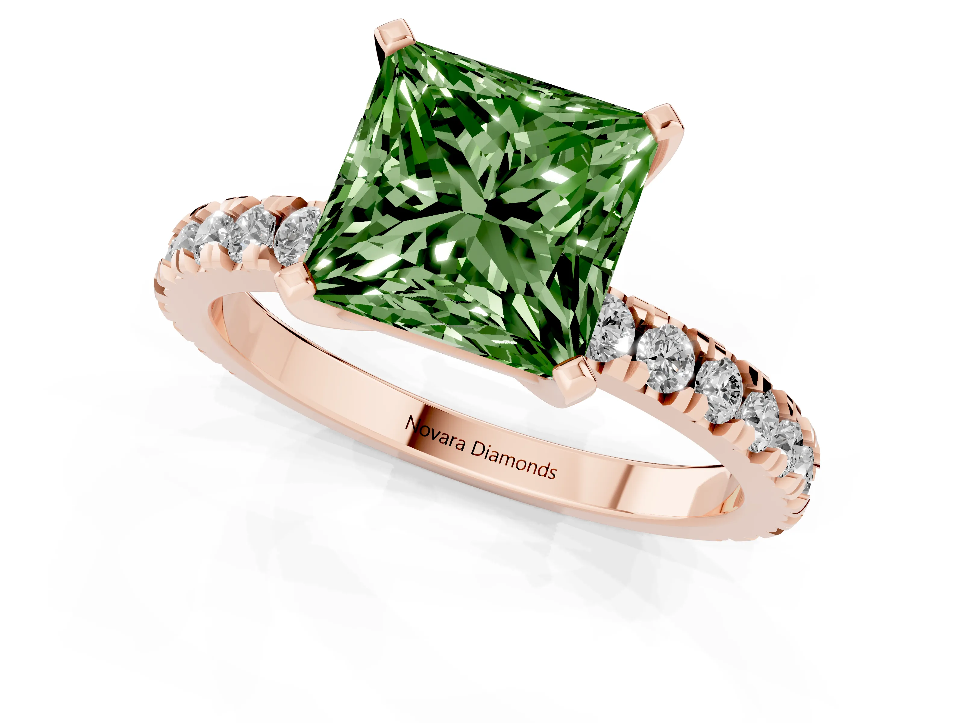 Fancy Green Princess Cut Diamond Pavé Band Solitaire Set in Rose gold with Prong Setting