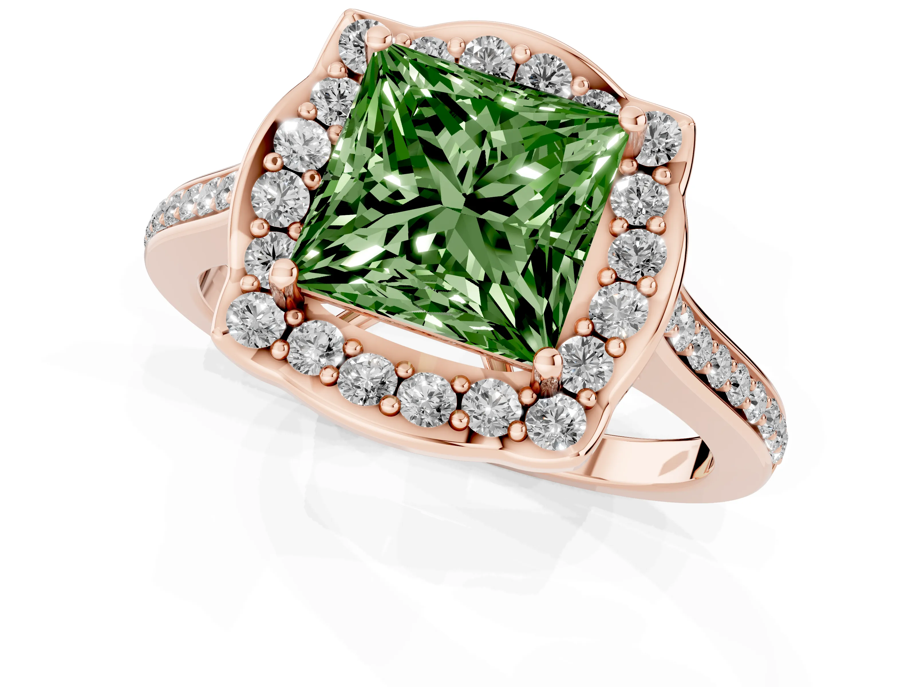 Fancy Green Princess Cut Diamond Halo Ring Set in Rose gold with Pavé-Lined Shoulders and Prong Setting