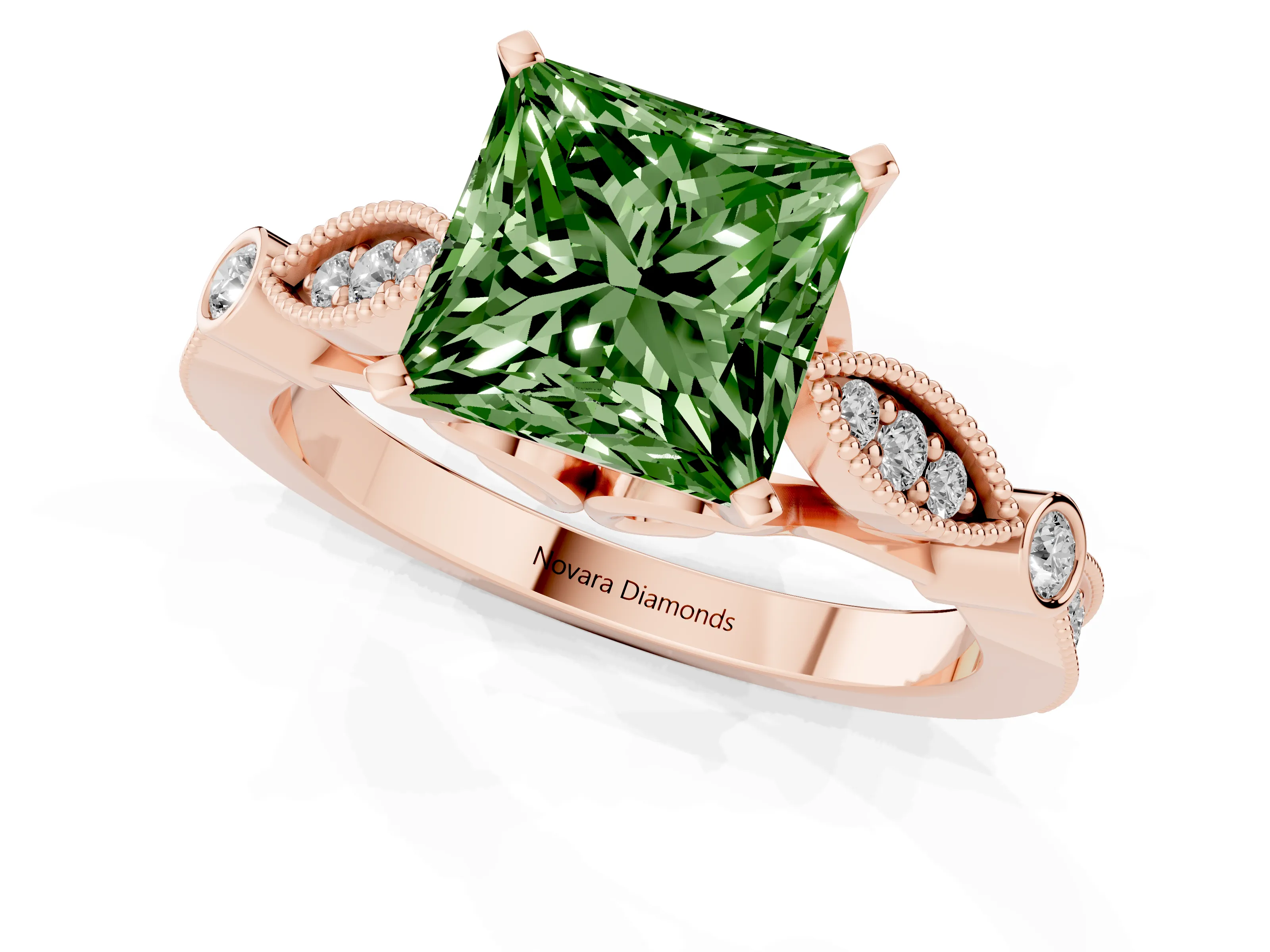 Fancy Green Princess Cut Diamond Solitaire Ring Set in Rose gold with Milgrain Marquise and Bezel Accents