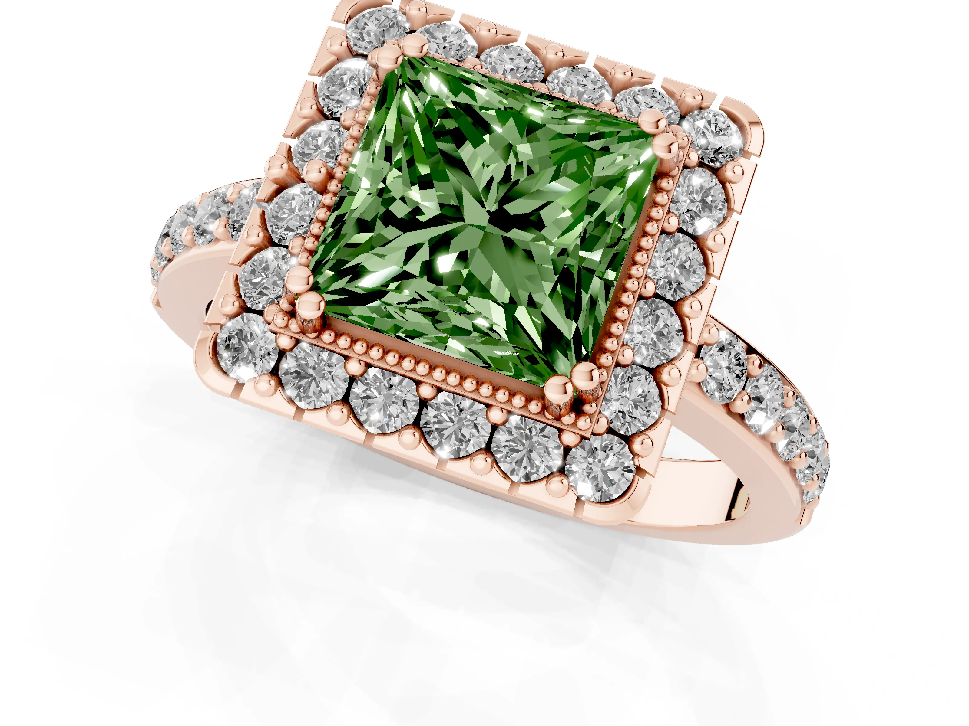 Fancy Green Princess Cut Diamond Halo Ring Set in Rose gold with Pavé Shank and Prong Setting