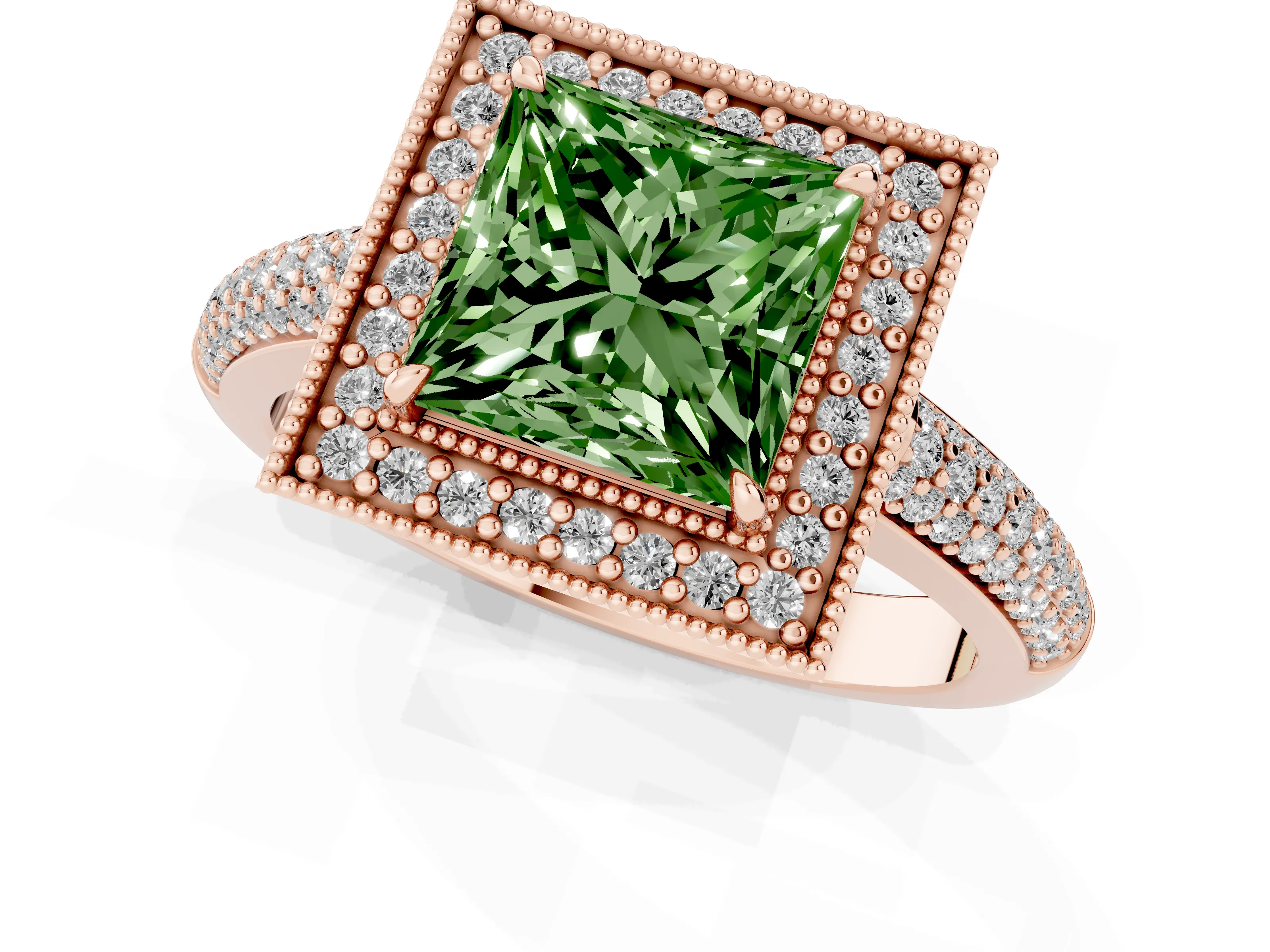 Fancy Green Princess Cut Diamond Halo Pavé Band Set in Rose gold with Prong Setting