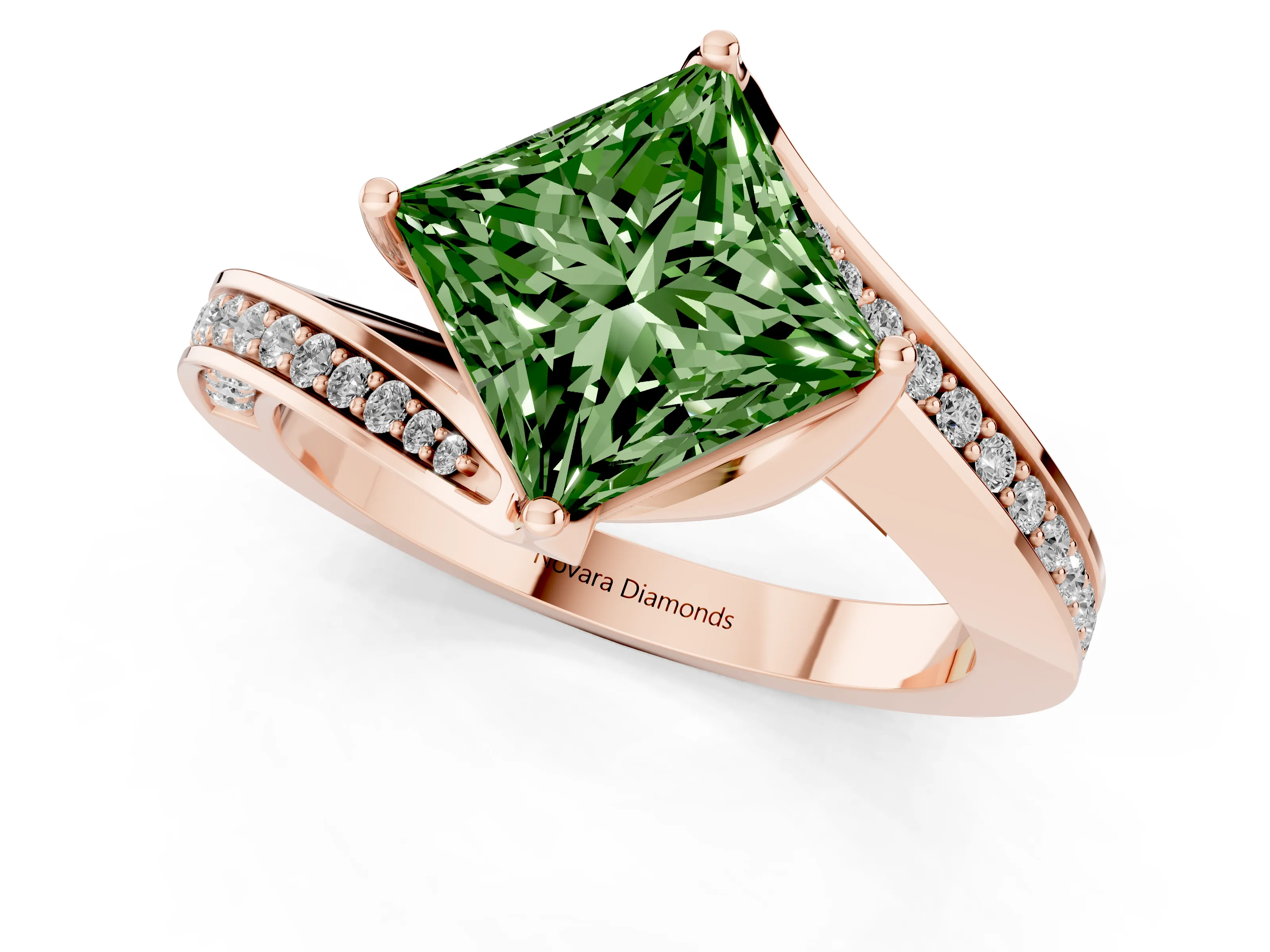 Fancy Green Princess Cut Diamond Solitaire Ring Set in Rose gold with Intertwined Pavé Twist Band