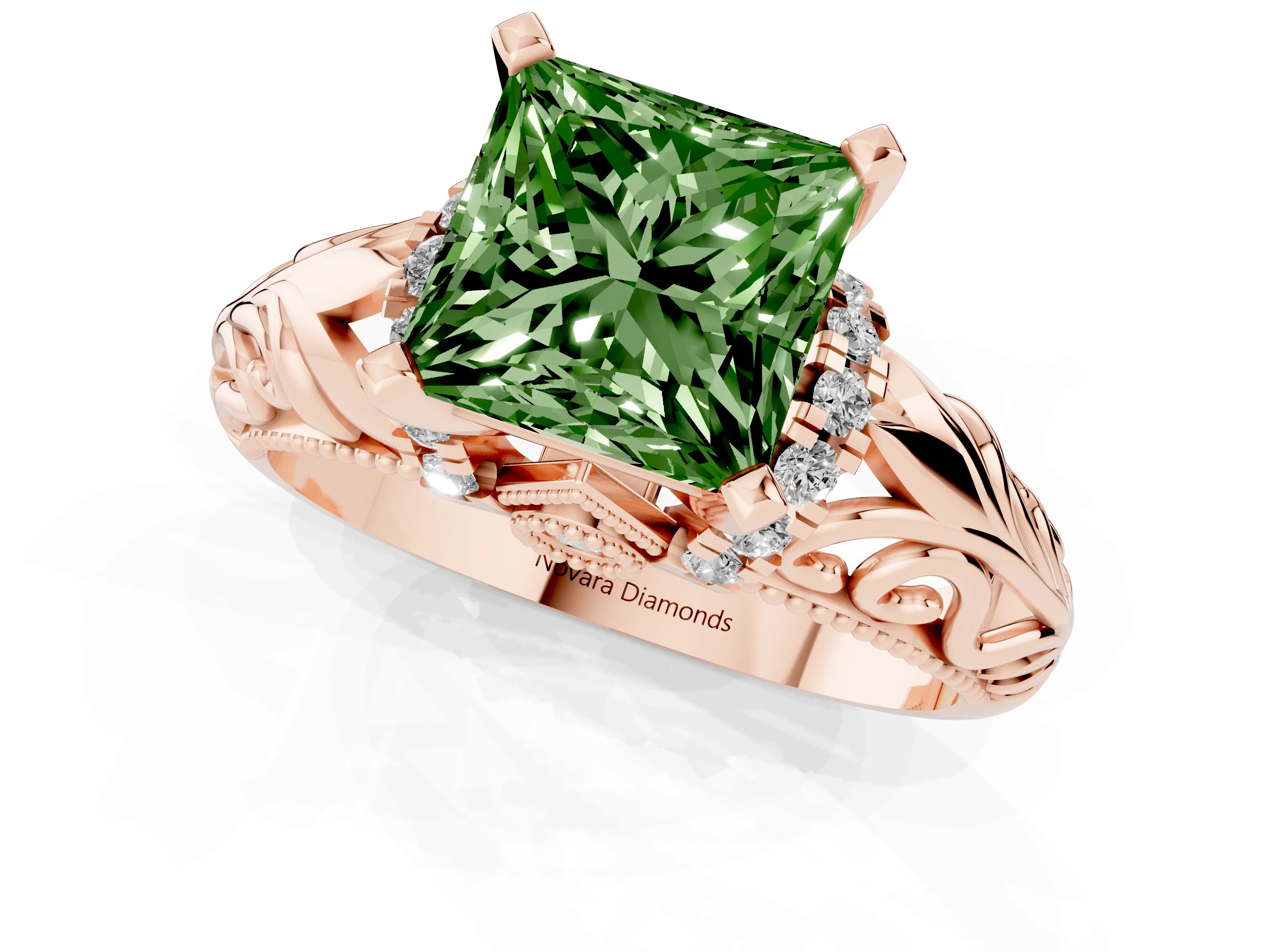 Fancy Green Princess Cut Diamond Filigree Halo Engagement Ring Set in Rose gold with Prong Setting