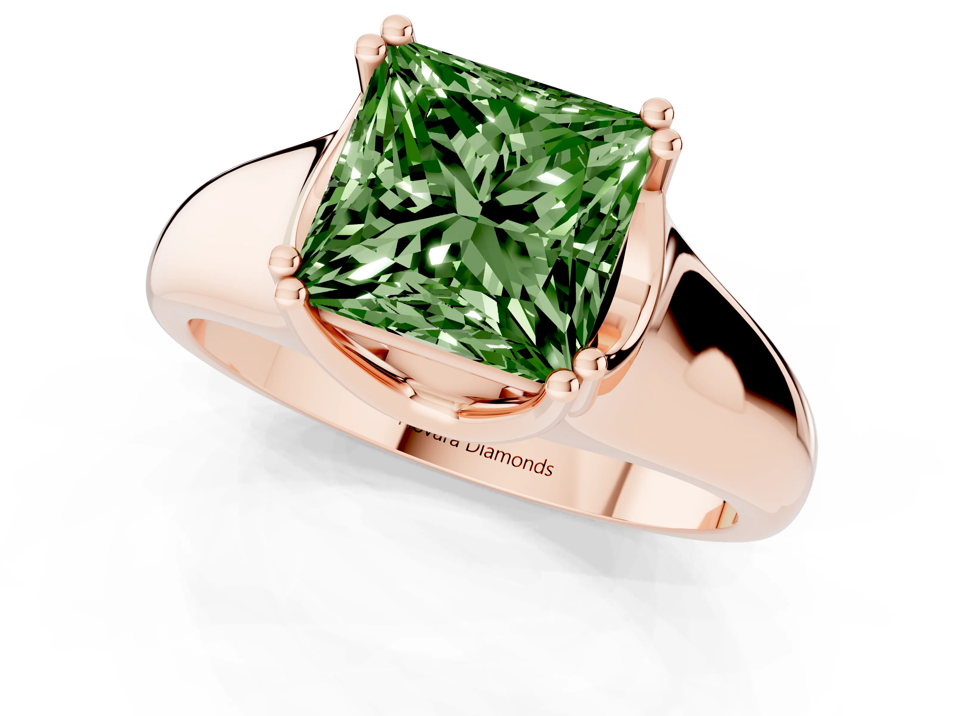 Fancy Green Princess Cut Diamond Solitaire Ring Set in Rose gold with Wide Band and Prong Setting
