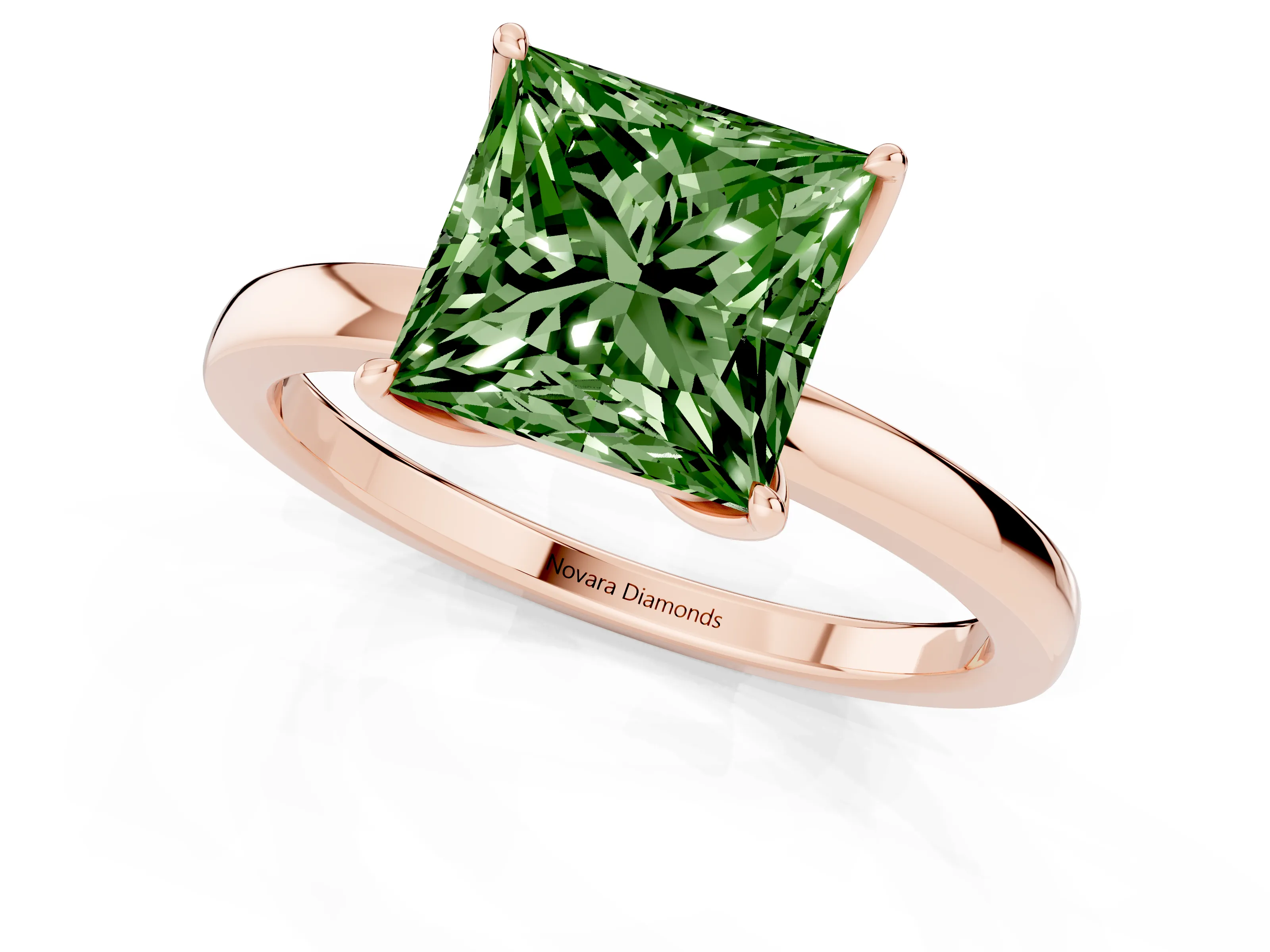 Fancy Green Princess Cut Diamond Solitaire Ring Set in Rose gold with Prong Setting and Thin Polished Band