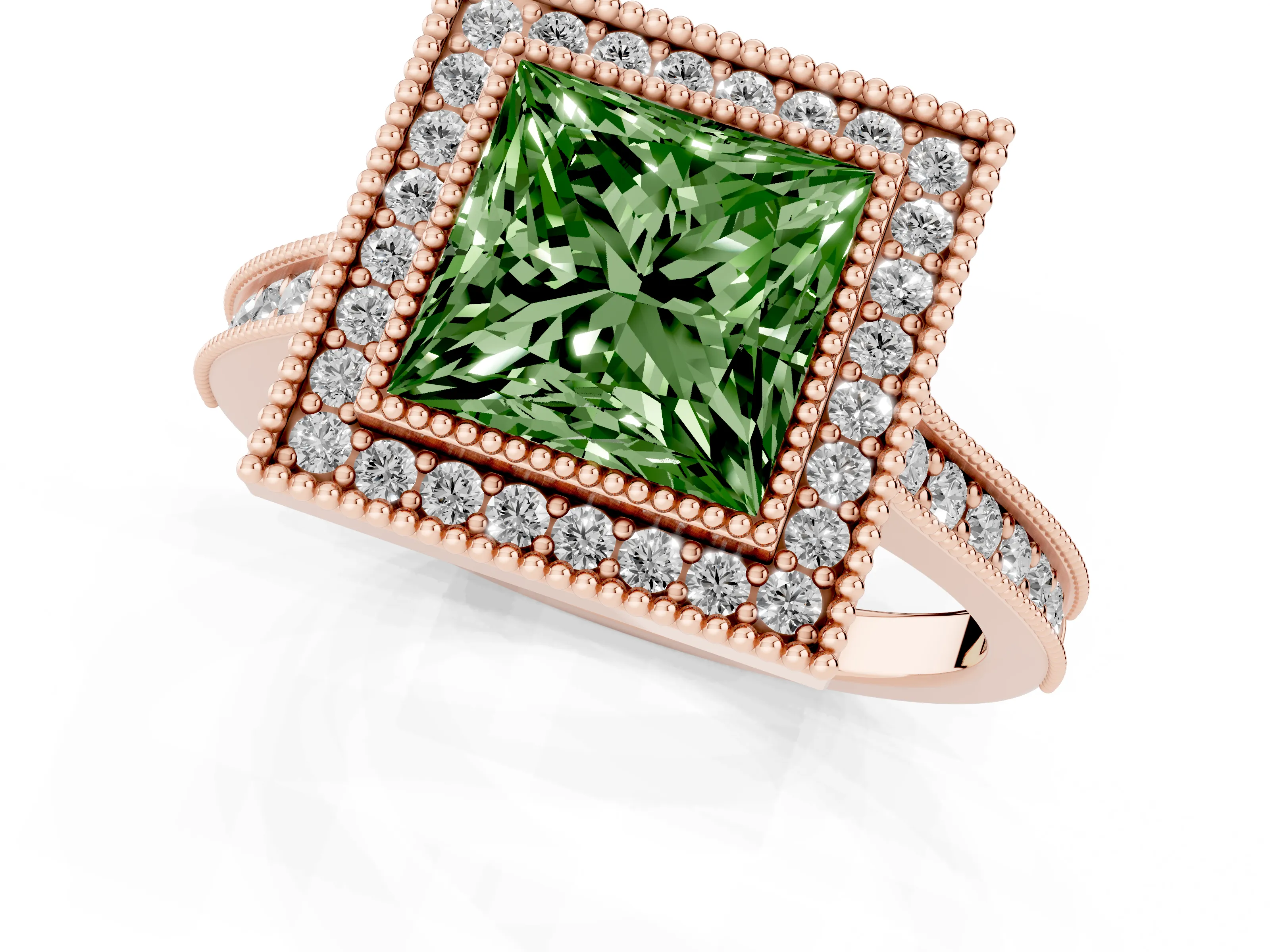 Fancy Green Princess Cut Diamond Halo Milgrain Pavé Band Ring Set in Rose gold with Prong Setting