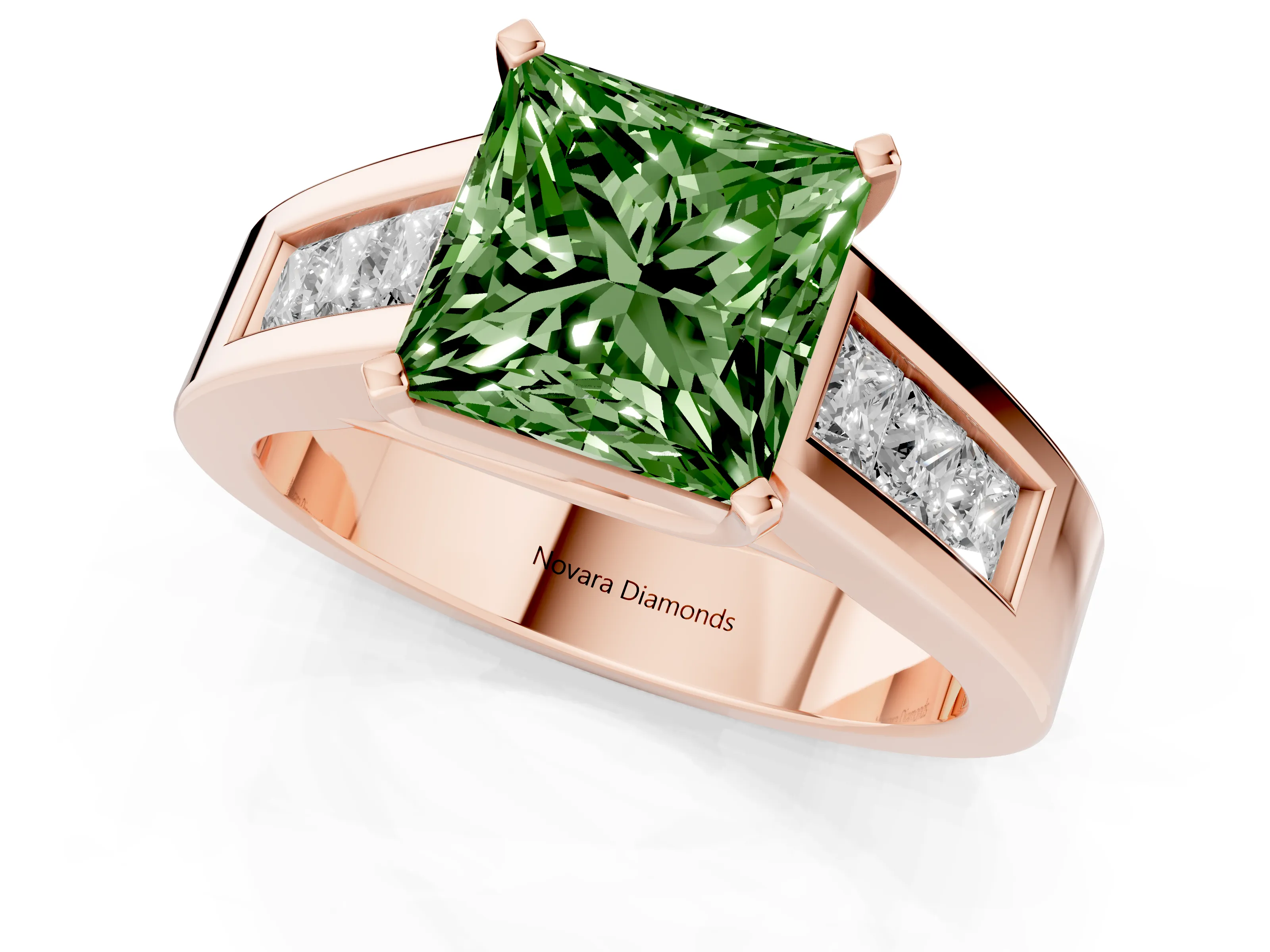 Fancy Green Princess Cut Diamond Solitaire Ring Set in Rose gold with Channel-Set Accent Stones and Prong Setting