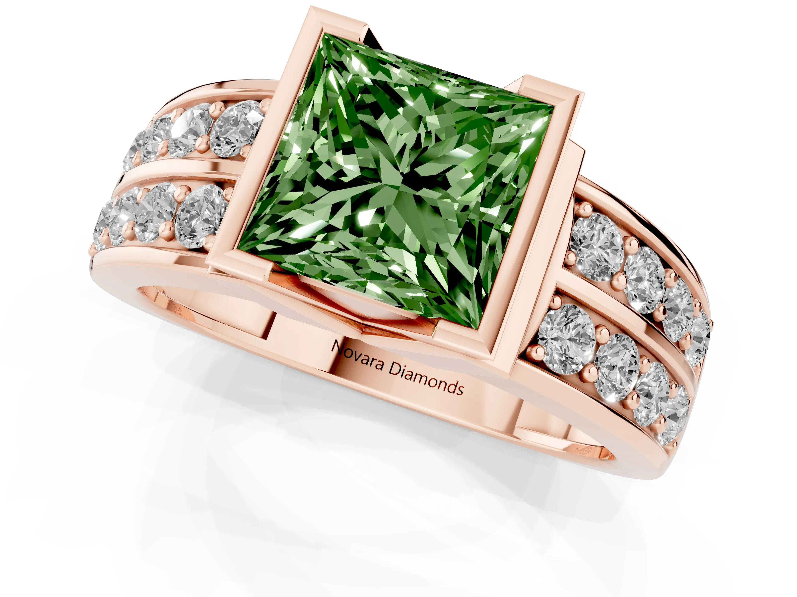 Fancy Green Princess Cut Diamond Wide Channel Set Band Ring Set in Rose gold with Bezel Setting