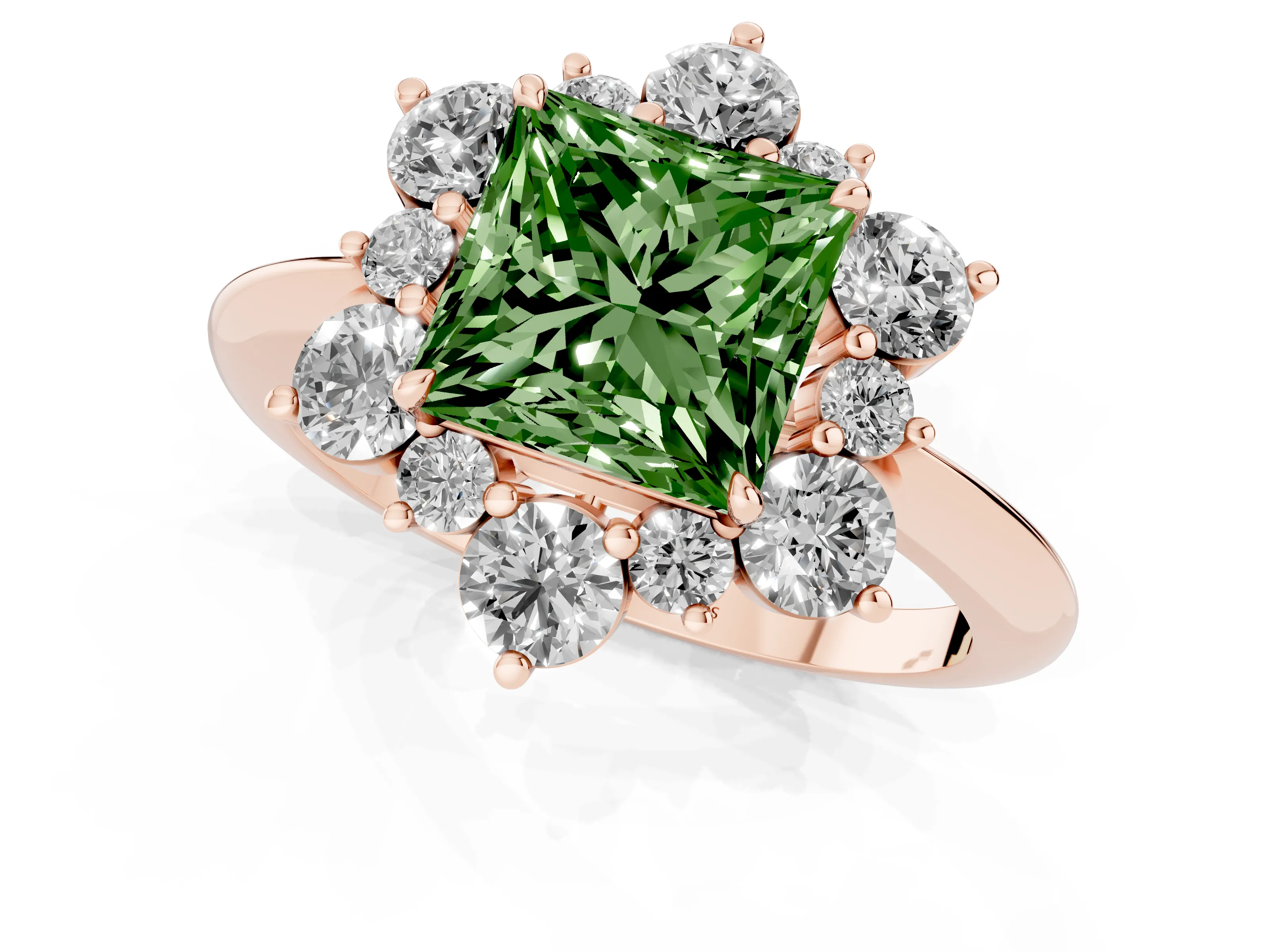 Fancy Green Princess Cut Diamond Cluster Halo Ring Set in Rose gold with Solitaire Band and Prong Setting